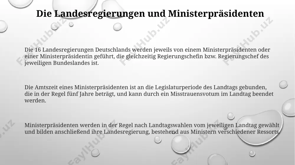 uge der ddr-gründung in 14 bezirke umgewandelt wurden – ein wichtiger unterschied zur entwicklung der westlichen bundesländer. der bundesrat: vertretung der länder im bund der bundesrat besteht aus 69 mitgliedern, die von den landesparlamenten entsandt werden, wobei die bevölkerungsgröße der länder die anzahl der sitze bestimmt. gemäß artikel 51 des grundgesetzes hat der bundesrat ein vetorecht gegenüber der bundesregierung in bestimmten gesetzgebungsbereichen, was seine starke position im föderalen system unterstreicht. die bundesregierung benötigt für die verabschiedung von gesetzen oft die zustimmung des bundesrates, insbesondere bei gesetzen mit auswirkungen auf die länderhoheit. die rolle der länder in der europäischen union die länder beteiligen sich an der eu-gesetzgebung durch den bundesrat, der die interessen der 16 bundesländer vertritt und mindestens 35% der stimmen benötigt, um ein gesetz zu blockieren. durch die beteiligung an den ausschüssen des bundesrates wirken die länder an der umsetzung von eu- richtlinien und verordnungen mit, was ca. 60% …