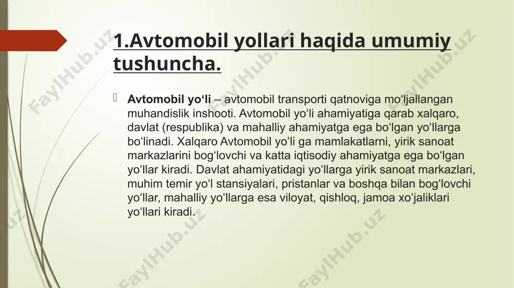 qiladi (avtomobilь yo‘llari qo‘mitasi balansida). shu jumladan: xalqaro ahamiyatdagi – 3 981 km,davlat ahamiyatidagi – 14 100 km, maxalliy ahamiyatdagi – 24 614 km.respublika xududida joylashgan ko‘chalari, ichki xo‘jaliklararo yo‘llari, qishloq qo‘chalari, shaxar tipidagi qishloq ko‘chalari – 116 560 km.ni tashkil qiladi (maxalliy hokimliklar balansida). shu jumladan: shaxar ko‘chalari – 7 125 km, tuman markazlari ko‘chalari – 12 530 km, qishloq aholi punktlari – 49 383 km, shahar aholi punktlari – 15 456 km, xo‘jaliklararo qishloq yo‘llari–32 066 km. yuridik tashkilotlar yo‘llari – 24 745 kmni tashkil qiladi 2.o’zbekiston respublikasi hududidagi avtomobil yo’llarining rivojlanishi maʼlumotlarga koʻra, istiqlol yillarida viloyat hududida 235 kilometrdan ziyod yoʻllarda qurilish va rekonstruksiya ishlari bajarilgan. shuningdek, umumiy uzunligi 1 ming 200 metrdan ortiq 10 ta yoʻl oʻtkazgich, qariyb 10 ming 600 metrlik 44 ta koʻprik qurilib, rekonstruksiya qilingan. viloyatda 10 ming 300 kilometrdan ortiq ichki xoʻjalik yoʻllari mavjud. transport qatnovi xavfsizligini taʼminlash va aholiga qulay sharoit …