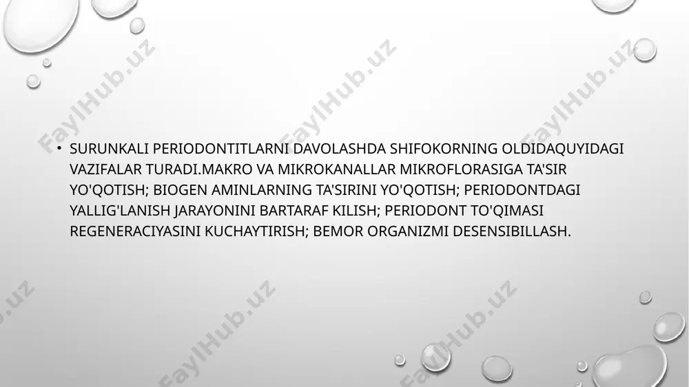 b o'tilgan barcha muolajalar bir qatnovda bosqichma-bosqich bajariladi. (chirigan pulpani ildiz kanalidan chiqarish, antiseptik muolaja qilish, apikal teshikni kengaytirish va ildiz kanalini plombalash). agar kanal juda ingichka bo'lsa yoki avval sifatsiz plombalangan bo'lsa muolajalarni bir qismi keyingi qatnovga qoldiriladi.davolash mudatini qisqartirish uchun yodid kaliy eritmasi bilan elektrofarez o'tkazish yaxshi natija beradi. doimiy tok periodontning pereferik receptorlarini qo'zgaluvchanligini pasaytiradi va yallig'lanishga qarshi, og'riq qoldiruvchi ta'sir ko'rsatadi va shu bilan yallig'lanishni qayta zo'rayishlarini kamaytiradi. agar kanal plombalangandan so'ng surunkali jarayonni qayta zo'rayishi belgilari namoyon bo'lsa o'tuv burmasi sohasiga 0,1 ml gidrokartizonni 2% novokain eritmasida eritilib yuboriladi.shunday qilib bugungi kunda surunkali periodontit va ildiz uchi kislotasi bo'lgan bir ildizli tishlarni davolash hal qilingan masala hisoblasa bo'ladi. agar kanal qisman yoki to'liq obturaciya holatlari kuzatilsa kompleksionlar (edta) va mis-kalciy gidroksid depoforez usulidanfoydalaniladi. periodontitli tishlarni davolashda eng muhim bo'lib tishni va ildizini uzunligini aniqlash hisoblanadi.tishni karies kavagi charxlanib shakllantirilib bo'lingandan so'ng, nekroektomiya bajariladi va shakl …