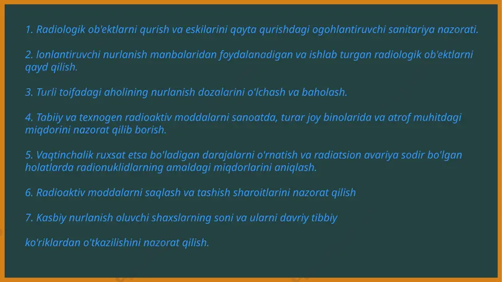 shda inobatga olinadi. ionlantiruvchi nur manbalarida ishlovchilar va aholini "radiatsion havfsizlik me'yorlari va radiatsion havfsizlik sanitar taminotining asoslari "o'zr ssv tomonidan 05.01.2006 da buyrug'i bilan tasdiqdan o'tgan. ionlovchi nurlarni yuqori biologik faollikka ega bo'lishiga qaramay bir qancha vaziyatlarda tibbiyot tufayli ionlovchi nur manbalarini inson faoliyatining har qanday sohalarida qo'llanilishi ko'paymoqda va haqiqatda ham ionlovchi nurlanish bilan kontaktda bo'lish muhim kasbiy omil bo'lib qolgan shaxslar soni koʻpaymoqda. lonlovchi nurlanish manbalari bilan aholini kontakti ehtimoli va darajasini hisobga olib barcha aholi 2 kategoriyaga bo'linadi. a-kategoriya - ionlovchi nurlanish manbalari bilan bevosita aloqada bo'luvchi xodimlar. b-kategoriya aholini chegaralangan qismi demak ionlovchi nurlanish manbalari bilan kasb tufayli bog'liq emas, lekin uni ta'sir qilish sohasida bo'ladigan aholi. lonlovchi nurlanish manbalarini qo'llash yo'nalishlarining ko'payishi halq xoʻjaligining har xil sohalarida ionlovchi nurlanish manbalarini qo'llashda nazorat olib borish shu bilan birga davlat sanitariya nazorati tashkilotlari tomonidan ham nazorat olib borish kerakligini bildiradi. sanitariya-dozimetrik nazoratga kiradi: radiologik ob'ektlarni qurishda …
