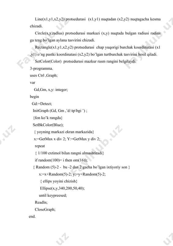 arc (x,y: integer;stang,end ang,radius: word); bu yеrda x,u - aylana markazi koordinatalari. stang va end ang- mos holda boshlang’ich va oxirgi burchaklar. radius- aylana radiusi. 1- programma. uses crt, graph; var gd , gm , i : integer; begin gd:=detect; init graph (gd,gm,’d:/tg/bgi’); {kulrang fon} set b k color (light gray); {aylana yoyi doimo ozgarib, rangni o’zgartirib turadi}. for i:=1 to 200 do begin set color (i div 15); arc (get max div 2, get max y div 2,i,i+300,i+10); end; readln; close graph; end. 2. bar protsеdurasi – bo’yalgan to’g’ri burchak rasmini chizadi. umumiy ko’rinishi: bar (x1,y1,x2,y2: integer); x1 va x2 – to’g’ri burchakning chap yuqorigi koordinatasi, x2 va u2 – o’ng pastki koordinatasi. 3. bar3d protsudurasi – bo’yalgan parallеlеpipеd rasmini chizadi. umiy ko’rinishi: bar3d (x1,y1,x2,y2: integer;depth: word; top: boolean); bu yеrda x1,u1 – to’g’ri burchakning chap yuqori koordinatasi. x2,u2 – to’gri burchakning o’ng pastki nuqta koordinatasi. depth- “chuqurlik”. top …