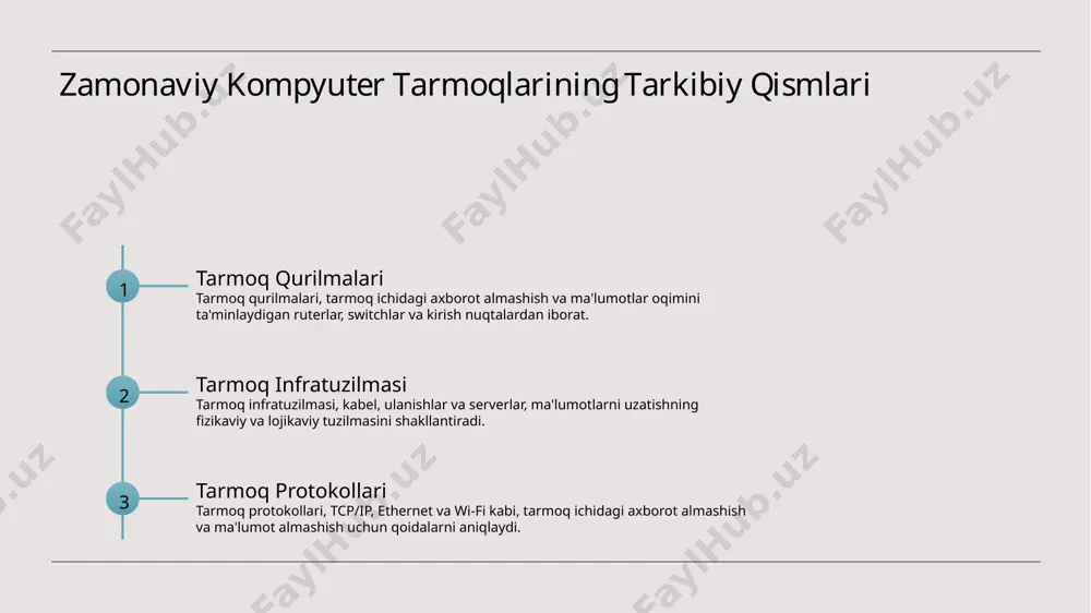 tirish imkoniyatini beradi. 3 virtualizatsiya virtualizatsiya texnologiyasi serverlar, saqlash vositalari va tarmoq resurslarining virtual hodisalarini yaratishga imkon beradi, bu esa resurslar foydalanishini optimallashtirish va dono narxlari kamaytirishga yordam beradi. zamonaviy kompyuter tarmoqlarining kelajagi 1 2 3 ai va mashina o'rganishni integratsiya qilish kvant kompyuterlar va tarmoqlash internet of things (iot) integratsiyasi zamonaviy kompyuter tarmoqlarining kelajagi, tarmoq faoliyatini va xavfsizligini optimallashtirish uchun ai va mashina o'rganish integratsiyasini o'z ichiga oladi, masalan, ai algoritmlaridan foydalanib, haqiqiy vaqtda kiber xavfni aniqlash va oldirish. kvant kompyuterlar va tarmoqlash, zamonaviy kompyuter tarmoqlarining faoliyatini revolutionlashtiradi, tezroq ma'lumotlar ishlash va shifrlashga imkoniyat yaratadi, va xavfsiz va samarali tarmoq infrastrukturasi rivojlanishiga imkon beradi. zamonaviy kompyuter tarmoqlarining kelajagi, iot qurilmalari integratsiyasining ko'proq ko'payishi bilan bog'liq, bu avtomatlashtirish, ma'lumotlarni to'plash va tahlil qilish imkoniyatlarini oshirishi mumkin bo'lgan ko'proq bog'liq tarmoq muhitini yaratadi. e'tiboringiz uchun rahmat! /docprops/thumbnail.jpeg