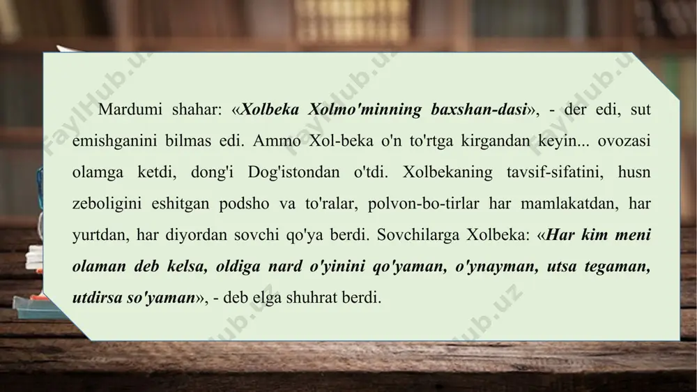 jodu ko'zini. ko'kragimga solma qayg'u-alamni, ko'zlari qambarday qoshi qalamni, bir yor uchun aslo, bolam, g'am yema, obberay paridan ortiq sanamni. kuntug'mish qirq yigitini olib, xachirlarga mol-dunyo ortib zangar yurtiga keladi. bir bazzoz qiyofasiga /drib, ko 'shk yonida mato sotib o 'tirganida xolbeka o z kanizak-lariga bu yigitni saroyga olib kirishlarini buyurdi. kun-tug 'mish saroyga kirgach, shartga binoan nard o 'ynatadi va xolbeka yengiladi. ikkalasi bazm-u suhbat bilan ovora bo'lib, xolbeka ko'shkiga chiqmay qo'yganini ko'rgan zangar podshosi buvraxon undan xabar olgani o 'zjallod-lari-yu mirg 'azablarini jo 'natadi. kuntug 'mish va xolbe­ka qochib yashirinishadi. biroq ayg 'oqchilar ular yashi-ringan joyni aytib berishgach, har ikkalasini ham ushlab, buvraxon huzuriga bandi qilib olib borishadi. buvraxon o 'z saroy a 'yonlariga bu ikkisi qanday jazoga loyiqligi borasida maslahat soladi. shunda mohi zor yig'lab: «e jallodlar, gunohni men qilganman, gurkiboy meni shuncha qaytardi, aytganini qil-madim. gurkining gunohi yo'q, meni o'ldiringlar, gurkini ozod qilinglar, men gurkining qoniga …