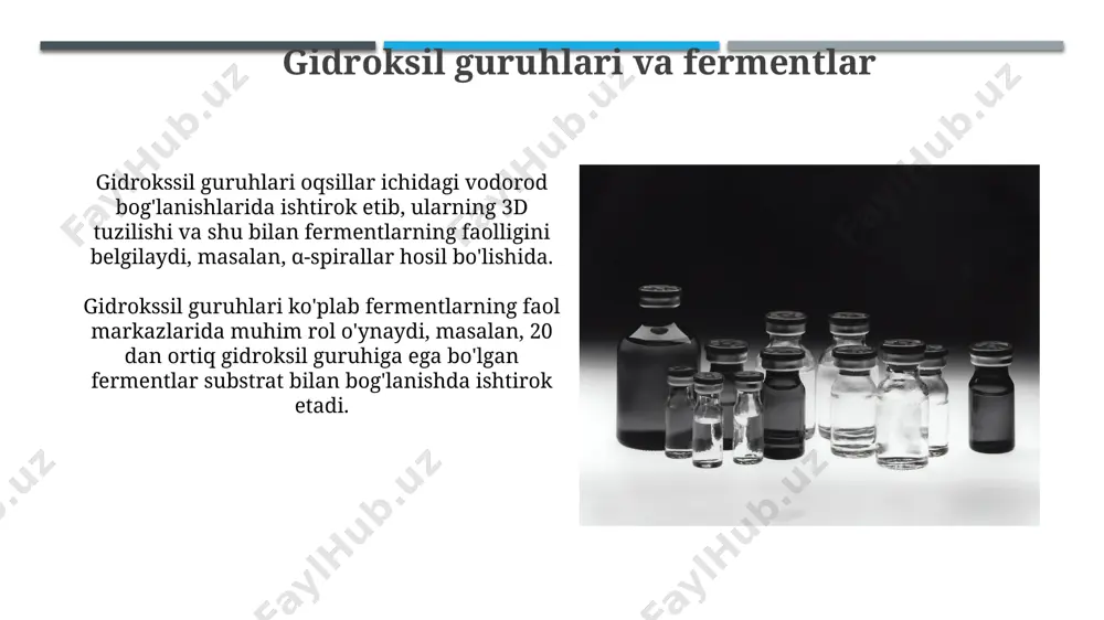 abi oqsillarni fosforillash orqali, gidroksil guruhlari oqsil faolligini 20% dan ortiq miqdorda o'zgartirib, hujayra signalizatsiyasini boshqaradi. gidroksil guruhlari, masalan, fosfoinositidlar singari, hujayra ichidagi kaltsiy konsentrasiyasini tartibga solish orqali ikkinchi xabarchilar sifatida signal yo'llarida ishtirok etadi. gidroksil birikmalarning oksidlanish-qaytarilish reaksiyalarida ishtiroki gidrokisil guruhlari (–oh) organik molekulalarning oksidlanish darajasini o'zgartirib, oksidlanish-qaytarilish reaksiyalarida 1 va 2 elektronlarni qabul qilish yoki berishda ishtirok etadi. koenzim nad+/nadh va fad/fadh2 kabi ko'plab oksidlanish-qaytarilish reaksiyalarida gidrokisil guruhlarini o'z ichiga olgan substratlar ishtirok etadi, bu jarayonlar hujayra nafas olishida muhim rol o'ynaydi. nuklein kislotalardagi gidroksil guruhlari dezoksiribonuklein kislotasida (dnk) 2'-gidroksil guruhining yo'qligi, dnkning ikki spiral strukturasini saqlash va genetik ma'lumotni barqaror saqlash uchun muhimdir. rnkni dnkdan farqlantiruvchi xususiyatlardan biri, rnkning 2'-gidroksil guruhining mavjudligi bo'lib, bu uning yuqori reaktivligini va dnkga nisbatan beqarorligini belgilaydi. e'tiboringiz uchun rahmat @taqdimot_robot image1.jpg image2.jpg image3.jpg image4.jpg image5.jpg image6.jpg image7.jpg image8.jpg image9.jpg image10.jpg image11.jpg image12.jpg