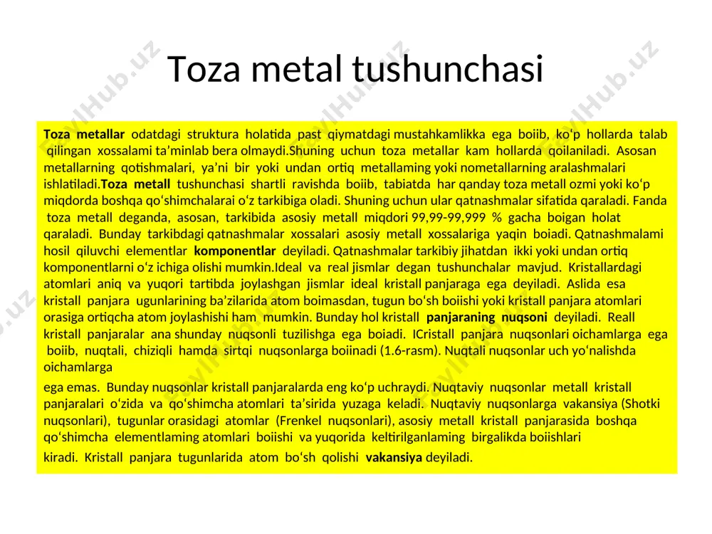disalarini ikkita guruhga: kimyoviy korroziya va elektrokimyoviy korroziyaga bo‘lish mumkin. kimyoviy korroziya metallarning elektr o‘tkazmaydigan agressiv muhitda,masalan, yuqori haroratgacha qizdirilgan gazlarda, neft,benzin, surkov moylari va boshqalarda yemirilishi kimyoviykorroziya deb ataladi. metallarning kimyoviy korroziyalanish jarayoni, asl mohiyatini inobatga olganda, muhitdagi agressiv tarkibiy qismlarning metall bilan birikishidan iborat. masalan,po‘lat havo va gazlar ishtirokida yuqori haroratgacha qizdirilganda uning tarkibidagi temir oksidlanib, kuyindiga aylanadi.korroziyalanish tezligi haroratga ham bog‘liq; harorat qancha yuqori bo‘lsa, korroziyalanish shuncha tezlashadi,chunki muhit aktiv atomlarining va metall atomlarining parda orqali diffuziyalanish tezligi ortadi. elektrokimyoviy korroziya metallarning elektr tokini o‘tkazadigan suyuq muhitda elektrolit eritmalarida yemirilishi elektrokimyoviy korroziya deb ataladi. bunday korroziya elektrolit eritmasi metall zarrachalarining eritmasiga o‘tishdan iborat. bir jinsli bo‘lmagan metall elektrolit eritmasi — dengiz suvidagi eritmasi, ya’ni ishqorda ko‘pdan ko‘p mikrogalvanik elementlar hosil bo‘ladi. bunda potensiali pastroq zarralar anod rolini, potensiali yuqoriroqlari esa katod rolini o‘ynaydi. mikrogalvanik elementlarda ham odatdagi galvanik elementlardagi kabi anod eriy boradi.shuni ta’kidlash kerakki, elektrolit eritmasiga …