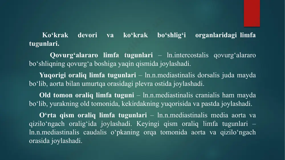 di. chambar ichak limfa tugunlari – ln.n.colici bir tuyoqlilarda esa 6000 tagacha bo‘ladi. ichak pardasining orqa tomon limfa tugunlari – ln.n.mesenterici caudalis ichak pardaning orqa tomon arteriyasi atrofida joylashadi № nervlarning nomi markazi joylashuvi innervatsiya zonasi 1 ensa nervi – n. occipitalis ser. 1 – 2 ensa–atlant bo‘gimi muskullari. 2 bo‘yinning quloq orti nervi – n.cervico–auricularis caudalis ser. 2 quloq suprasiga, quloq bezlariga 3 diafragma- n.phrenicus ser. 5 – 6 – 7 diafragma 4 ko‘krakning yuqori nervi – n. dorsalis scapulae ser. 5 – 6 rombsimon va pastki tishsimon muskulga 5 umurtqa usti nervi – n. supraclavicularis ser. 6 yelka bo‘gimi va yelka atrofidagi muskullarga yelka chigali – plexus brachialis bo‘yinning keyingi 6 – 7 – 8 va ko‘krakni 1 – 2 umurtkalarining ventral tarmoqlaridan hosil bo‘ladi. mavzu: nerv tizimini anatomik o’rganish 1 ko‘krakning old tomon nervi – n.pectoralis cranialis ser . 7 – 8 ko‘krak muskullariga 2 ko‘krakning orqa …