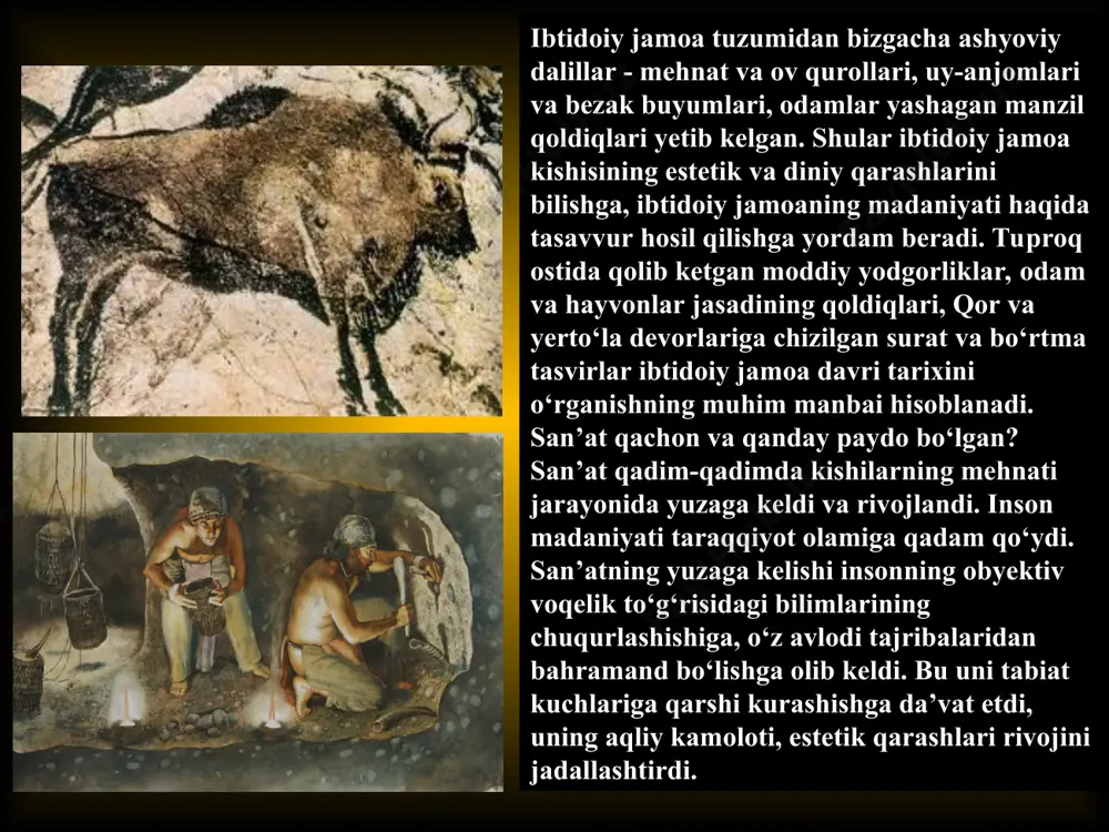 культура o‘rta osiyo (surxondaryo, farg’ona), ozarbayjon (kobiston)dan topilgan suratlarda ham shu holni ko’ramiz. zaravutsoy (surxondaryo), seymalitosh (farqona) suratlari mashhurdir. bu suratlarda ovchilarning hayvonlarga hujumi aks ettirilgan. zaravutsoydagi niqob kiyib, o’ljasiga yaqinlashayotgan ovchilarni aks ettirgan surat o‘tmish hayotining ma’naviy dunyosini bilishga xizmat qiladi. kulolchilik va boshqa buyumlarni naqsh bilan bezash keng tus oldi. parallel, spiralsimon va to’lqinsimon chiziqlar, konsentrik aylanalar shu davrdagi ko‘pgina naqshlarning asosini tashkil etadi. geometrik naqshlar asta-sekin sxematik odam, hayvon va o’simliklar dunyosidan olingin shakllar bilan boyitilib, mazmunan kengayib bordi. uning elementlari koinot kuchlarining ramziy belgilarini aks ettira bordi. masalan, rozetka-quyosh ramzi, to’lqinsimon chiziq-harakat, suv ramzi va h.k. мезолит. замена больших общинных домов мелкими землянками и шалашами костяные и деревянные изделия мезолита костяные изделия: 1 — кинжал; 3-6 — стрелы; 11, 12 — гарпуны; 13 — струг деревянные изделия: 2 — лук; 7 — гарпун; 8, 10 — наконечники стрел; 9 — топор с муфтой из соснового корня …