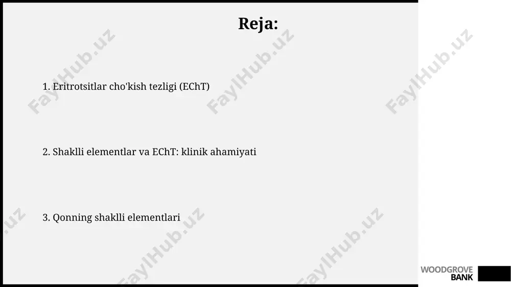 tomatlashtirilgan echt analizatorlari mavjud bo'lib, ular natijalarni tezroq va aniqroq olish imkonini beradi. ular odatda kapillyar qonni ishlatadilar va bir necha daqiqada natijani chiqaradilar. qonning cho'kish tezligini (echt) o'lchashning vestergren usuli eng keng tarqalgan bo'lib, 200 mm pipetkadan foydalaniladi va 1 soatda mm/soat hisobida natija beradi. woodgrove bank eritrotsitlar eritrotsitlarning shakli ikki tomonlama botiq disk bo'lib, bu ularning sirt maydonini oshiradi va kislorod almashinuvini osonlashtiradi. ular qonning taxminan 40-45% hajmini tashkil etadi (gematokrit). eritrotsitlar sitoplazmasida yadro va organellalar yo'q. normal eritrotsitlar soni erkaklarda 4.5 milliondan 5.5 milliongacha, ayollarda esa 4.0 milliondan 5.0 milliongacha bo'lishi mumkin. woodgrove bank qon kasalliklarida echtning o'zgarishi echt ko'rsatkichi politsitemiya vera holatida kamayishi mumkin, chunki qizil qon hujayralarining yuqori konsentratsiyasi (masalan, >55% gematokrit) sedimentatsiya tezligini sekinlashtiradi. qon kasalliklarida echtning o'zgarishi woodgrove bank trombotsitlar trombotsitlar trombotsitlar, yoki trombositlar, suyak koʻmigida hosil boʻladigan yadro boʻlmagan hujayra fragmentlari boʻlib, qon ivishida muhim rol oʻynaydi. ularning normal konsentratsiyasi 150,000 dan …