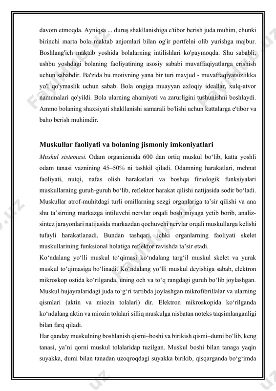 yli harakatlanadi. bundan tashqari, ichki organlarning faoliyati skelet muskullarining funksional holatiga reflektor ravishda ta’sir etadi. ko‘ndalang yo‘lli muskul to‘qimasi ko‘ndalang targ‘il muskul skelet va yurak muskul to‘qimasiga bo‘linadi. ko‘ndalang yo‘lli muskul deyishiga sabab, elektron mikroskop ostida ko‘rilganda, uning och va to‘q rangdagi guruh bo‘lib joylashgan. muskul hujayralaridagi juda to‘g‘ri tartibda joylashgan mikrofibrillalar va ularning qismlari (aktin va miozin tolalari) dir. elektron mikroskopida ko‘rilganda ko‘ndalang aktin va miozin tolalari silliq muskulga nisbatan noteks taqsimlanganligi bilan farq qiladi. har qanday muskulning boshlanish qismi–boshi va birikish qismi–dumi bo‘lib, keng tanasi, ya’ni qorni muskul tolalaridap tuzilgan. muskul boshi bilan tanaga yaqin suyakka, dumi bilan tanadan uzoqroqdagi suyakka birikib, qisqarganda bo‘g‘imda harakat sodir bo‘ladi. muskullar tolalarining yo‘nalishiga qarab duksimon, yarim patsimon, ikki yoqlama patsimon, tasmasnmon va ikki qorinchali bo‘lishi mumkin. har qaysn muskul tashqi tomondan biriktiruvchi to‘qimadan tuzilgan yupqa parda bilan o‘ralgan, bu parda fassiya deb ataladi. fassiya alohida muskulni, bir qancha muskulni va muskullarning …