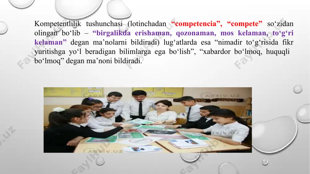 atda uchraydigan hujjatlar bilan ishlay olish (oddiy tabriknomalar yoza olish, anketalarni to‘ldirish, mehmonxona ro‘yxatida o‘zi to‘g‘risidagi ma’lumotlarni qayd eta olishi va boshq.) 3. shaxs sifatida o‘z-o‘zini rivojlantirish kompetensiyasi  shaxs sifatida doimiy ravishda o‘z-o‘zini rivojlantirish, jismoniy, ma’naviy, ruhiy va intellektual kamolotga intilish;  hayot davomida o‘qib-o‘rganish, bilim, tajribani mustaqil ravishda muntazam oshirib borish;  o‘z xatti-harakatini adekvat baholash, o‘zini nazorat qila bilish, halollik, to‘g‘rilik kabi sifatlarga ega bo‘lish; 4. ijtimoiy faol fuqarolik kompetensiyasi  jamiyatda bo‘layotgan voqea, hodisa va jarayonlarga daxldorlikni his etish va faol ishtirok etish;  o‘zining fuqarolik burch va huquqlarini bilishi, unga rioya qilish (ya’ni haridor, saylovchi, mijoz, ishlab chiqaruvchi sifatida faoliyat yurita olish);  mehnat va fuqarolik munosabatlarida muomala, iqtisodiy, huquqiy madaniyatga ega bo‘lish;  kasbiy mavqeining o‘sishiga intilish bilan jamiyat va oilasi manfaatlari uchun xizmat qilish, yordamga muhtojlarga saxovatli bo‘lish 5. umummadaniy kompetensiyalar  vatanga sadoqatli, insonlarga mehr-oqibatli hamda umuminsoniy va milliy qadriyatlarga e’tiqodli bo‘lish; …