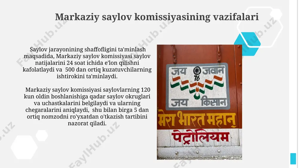 15 kun ichida, barcha zarur hujjatlar taqdim etilgan taqdirda, yakunlanadi va bu davrda kamida 3 marta komissiya majlislari o'tkazilishi shart. saylov natijalarining qonuniyligi va shikoyatlar saylov natijalarining qonuniyligini ta'minlash uchun o'zbekiston respublikasi markaziy saylov komissiyasi kuzatuvchilar va ommaviy axborot vositalarining ishtirokini ta'minlaydi, shu bilan birga 100 dan ortiq elektron kuzatuv kameralari qo'llaniladi. saylov natijalariga nisbatan 5 kundan ortiq bo'lmagan muddatda shikoyat berish mumkin, o'zbekiston respublikasi saylov kodeksiga muvofiq, shikoyatlar tegishli komissiyalar tomonidan ko'rib chiqiladi. ovozlarni sanash va natijalarni e'lon qilish noqonuniy ovozlarni aniqlash uchun maxsus komissiya tuzilgan bo'lib, ovozlarning 0,5% gacha qismi tekshiruvdan o'tkaziladi va kerak bo'lganda qayta hisoblanadi. saylov natijalari maxsus dastur yordamida qayta ishlanib, 99% aniqlik bilan 24 soat ichida rasman e'lon qilinadi. xalqaro tajriba va eng yaxshi amaliyotlar ko'plab mamlakatlarda saylov jarayonini kuzatish uchun 50 dan ortiq xalqaro kuzatuvchi tashkilotlar faoliyat yuritadi, ularning hisobotlari saylov tizimini takomillashtirishda muhim ahamiyatga ega. saylov kampaniyalari moliyasini nazorat qilish bo'yicha 10 …