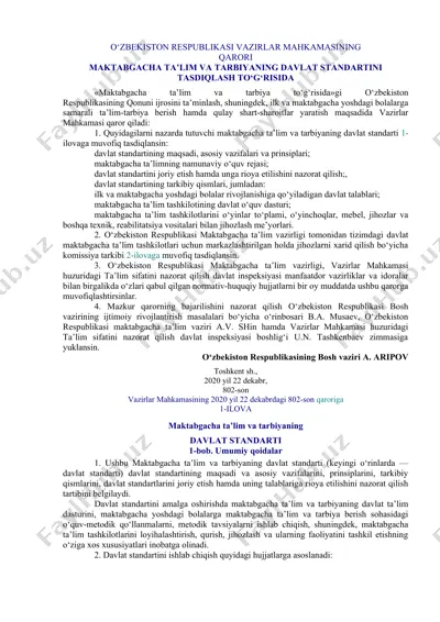 o‘zbekiston respublikasi vazirlar mahkamasining qarorio‘zbekiston respublikasi vazirlar mahkamasining qarori maktabgacha ta’lim va tarbiyaning davlat standartini tasdiqlash to‘g‘risida — DOCX