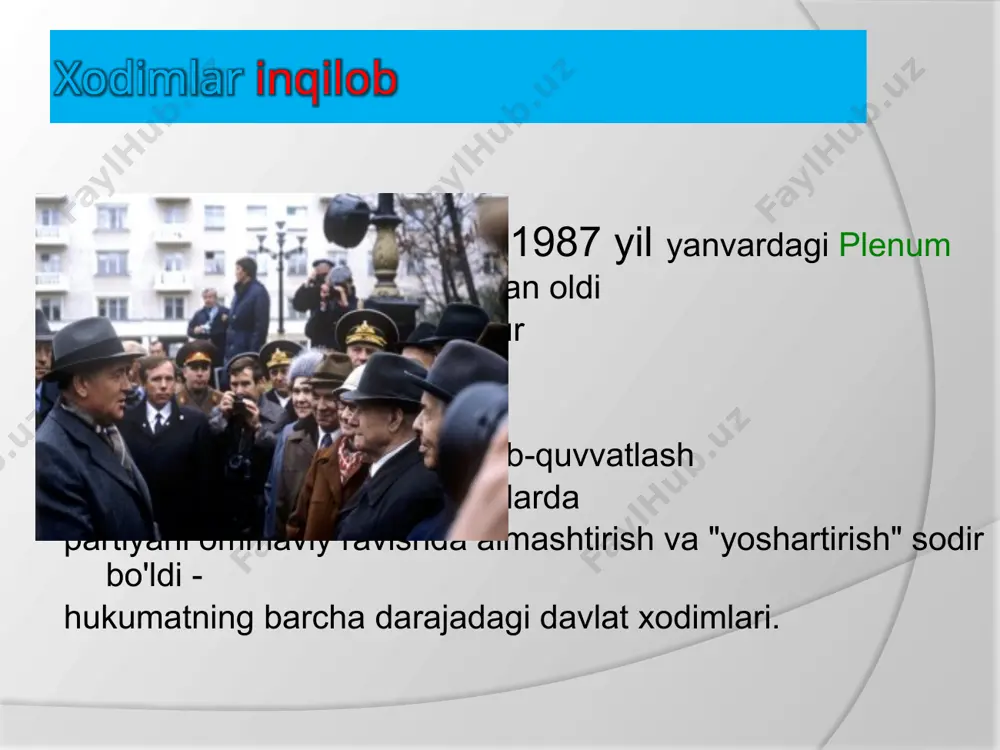 . 2-slayd: http//www.doqpravda.ru – plakat 3-slayd: http//info.sibnet.ru – gorbachev 4-slayd: http://nnm/ru/bloks/ashkaa.ru; http://www.rtr.spb.ru 5- slayd : http://www.yeltsincenqer.ru; www.ogoniok.com.ru – yeltsin va gorbachev. namoyishda. 6-slayd: http://metkere.com/tag/paqe.ru - navbat 7-slayd: http://www.2ostrov.ru/forum -saxarov; http://www.jewsh.ru - gorbachev 8-slayd: http://graftio.com/catego.ru – milliy siyosat 9 -10 slayd: http://www.history/ost/ru – yeltsin 11-slayd: http://www.baltika.fm/news.ru - namoyish 12-slayd: http://kozhuhovo.com/news.ru -bayroq http://www.harbor.ru/cgi-bin - gorbachev image1.jpeg image2.jpeg image3.jpeg image4.jpeg image5.jpeg image6.jpeg image7.jpeg image8.jpeg image9.jpeg image10.jpeg image11.jpeg image12.jpeg image13.jpeg image14.jpeg image15.jpeg image16.jpeg image17.jpeg image18.jpeg image19.jpeg image20.jpeg image21.jpeg