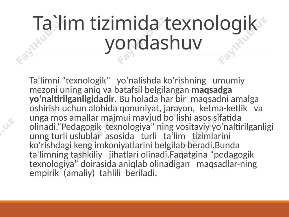 keltirishdan, maqsadlarni qo‘yishdan, natijalarni shakllantirishdan, o‘quv materialini tanlash va strukturalashtirishdan, ta’lim modelini tanlashdan, to ularni amalga oshirishgacha, ularning optimallik va samaradorlik darajasini baholashgacha loyihalashtirishdan tarkib topgan. ma’rifatli va rivojlangan mamlakatlarda muvaffaqiyat bilan qo‘llanilib kelinayotgan ta’lim texnologiyalarini o‘rganib, xalqimizning milliy pedagogika an’analaridan hamda ta’lim sohasining shu kundagi holatidan kelib chiqqan holda o‘zbekistonning milliy ta’lim texnologiyasini yaratish lozim. texnologik jarayon texnologik jarayon - ishlab chiqariladigan mahsulotga ishlov berishning yagona jarayonini hosil qiluvchi texnologik operatsiyalarning yig‘indisi. texnologik operatsiya - ishchi tomonidan o‘zining ish joyida bajariladigan, yakuniga yetkazilgan harakat ko‘rinishidagi jarayonning bir qismi. texnologik xarita - ma’lum bir mahsulotni ishlab chiqarish texnologik operatsiyalarini ketma-ketligini bayon qiluvchi texnik hujjat. texnologik rejim - texnologik operatsiyalarni amalga oshirishni belgilovchi tartib bo‘lib, ma’lum bir mahsulotni ishlab chiqarishda bajariladigan operatsiyalarning vaqti, shartlarini belgilaydi. xulosa pedagogik texnologiya - ta’lim jarayoniga yangicha yondoshuv bo‘lib, pedagogikada ijtimoiy-muhandislik ong ifodasidir. u pedagogik jarayonni texnika imkoniyatlari va insonning texnikaviy tafakkuri asosida standart holga solib, …
