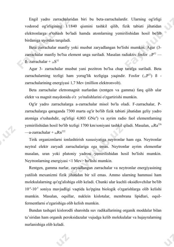 g miqdori kam bo'lsa nurlanish samarasi ham kam bo'ladi, kislorodning miqdori ko'p bo'lsa radiatsiyaning ta’siri ham ko'p bo'ladi. ushbu holat «kislorod samarasi» deyiladi va u molekulalar hujayralar va to'qimalar darajasida ro’y berishi mumkin. radiatsiya tirik organizmlarga ta’siri bevosita va bilvosita bo'lishi mumkin. radiatsiyaning bevosita ta’sirida ionlantiruvchi zarrachalar molekula yoki hujayraning sezuvchan qismiga ta’sir qilib ularni zararlaydi va genetik o'zgarishlarga olib kelib organizmning halokatiga sabab bo'lishi mumkin. umuman nurlanish bu energiyaning yutilgan joyida molekulalarning radiatsion-kimyoviy o'zgarishlaridan iboratdir. radiatsiya molekulaga to'g'ridan to'g'ri ta’sir etganda uni qo'zg'algan holatga yoki ionlashgan holatga o'tkazadi. radiatsiyaning shikastlovchi ta’siri, molekulalarni ionlashishi bilan bog'liqdir. shuni aytib o'tish lozimki, nurlanish dozasi ko'payishi bilan uning ta’sirida bo'ladigan zararlanish geometrik progressda ko'payadi. shuningdek, zararlanish bitta yoki birnechta nurlarning to'g'ridan to'g'ri tushishiga ham bog'liq bo'lishi mumkin. biologik sistemalarning nurlanish reaktsiyasi ularning holatiga ham bog'liqdir. nurlanishning keyingi davrlari ionlantiruvchi nurlarning bilvosita ta’sirida ketadi. radiatsiyaning bilvosita ta’siri suv orqali bo'ladi yani suv radiolizi mahsulotlari …