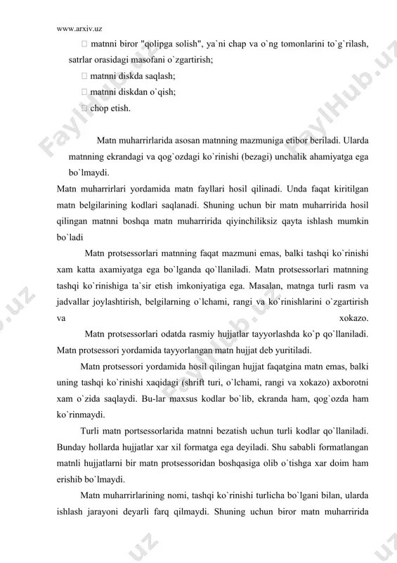 joy ajratadi. ishchi maydoni matn yozish uchun sahifa vazifasini bajaradi. kiritilayotgan matn ishchi maydonida aks ettirilib boradi. yurgich. klaviaturadan kiritilayotgan belgi ishchi maydonining qaerida aks etishini ko`rsatib turadi. odatda gorizontal yoki vertikal chiziqcha ko`rinishida bo`ladi. menyu. maxsus buyruqlar va amallar majmuyi menyu deb ataladi. ular yordamida asosan matnlarni diskdan o`qish, diskka yozish, chop etish kabi ishlar amalga oshiriladi. yurgich va ishchi maydonining ko`rinishi matn muharriri ishiga aytarlik ta`sir ko`rsatmaydi. ular turli matn muharrirlarida bir oz farq qilishi mumkin. matn muharrirlari asosan menyusi bilan bir-biridan farqlanadi. menyudagi buyruq va amallar matn muharrirlarining imkoniyatlarini belgilaydi. ular qanchalik ko`p bo`lsa, matn muharrirlarining imkoniyatlari shuncha yuqori bo`ladi. turli matn muharrirlarining mos buyruqlari bir-biridan deyarli farq qilmaydi. ular bir oz farqlansada, ma`nosini tushunib olish qiyinchilik tug`dirmaydi. masalan, matnni diskka yozish buyrug`i ba`zi matn muharrirlari menyusida "yozish" deb nomlangan bo`lsa, boshqalarida "saqlash" deb nomlangan. shu kabi matnni diskdan o`qish buyrug`i turli matn muharrirlarida "o`qish", "yuklash" yoki …