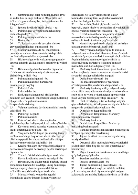 ‘g‘ri keltirilgan? 30 pulning natural ko‘rinishidan metall tanga shaklliga o‘tishiga ta’sir qilgan omil qaysi javobda noto‘g‘ri keltirilgan? 31 “emissiya qilish” va “muomalaga pul chiqarish” terminlari ma’nosi jihatidan bir-biridan farqi mavjudmi? 32 plastik kartalaming qulayligi qanday javobda noto‘g‘ri berilgan? 33 pulning nazariyasi iqtisodiy kategoriya sifatida nechta guruhga ajratib o'rganiladi? 34 pulning metallik nazariyasi qanday davrlarda vujudga kelgan? 35 pulning metallik nazariyasi qanday tuzumda vujudga kelgan? 36 pulning nominal nazariyasi qanday davrlarda vujudga kelgan? 37 pulning nominal nazariyasi davrini shakllanishiga qanday omillar ta’sir qilgan? 38 nominal pul nazariyasi tarafdorlarining kamchiligi nimada? 39 bozor iqtisodiyoti sharoitida pulning sotib olish qobiliyati: 40 pulning miqdoriy nazariyasi haqidagi ta’limot qachon va kim tomonidan ilgari surilgan? 41 miqdoriy pul nazariyasining “tranzaksion varianti” ta’limoti asoschilari kimlar? 42 miqdoriy pul nazariyasida “kassa qoldig‘i” haqidagi ta’limotni ilgari surgan nazariyachi kim? 43 o'zbekiston tijorat banklarida elektron tolov tizimi qachon joriy etildi? 44 kredit munosabatlarning mohiyati va vazifalari uning qaysi shakllida to`laroq …