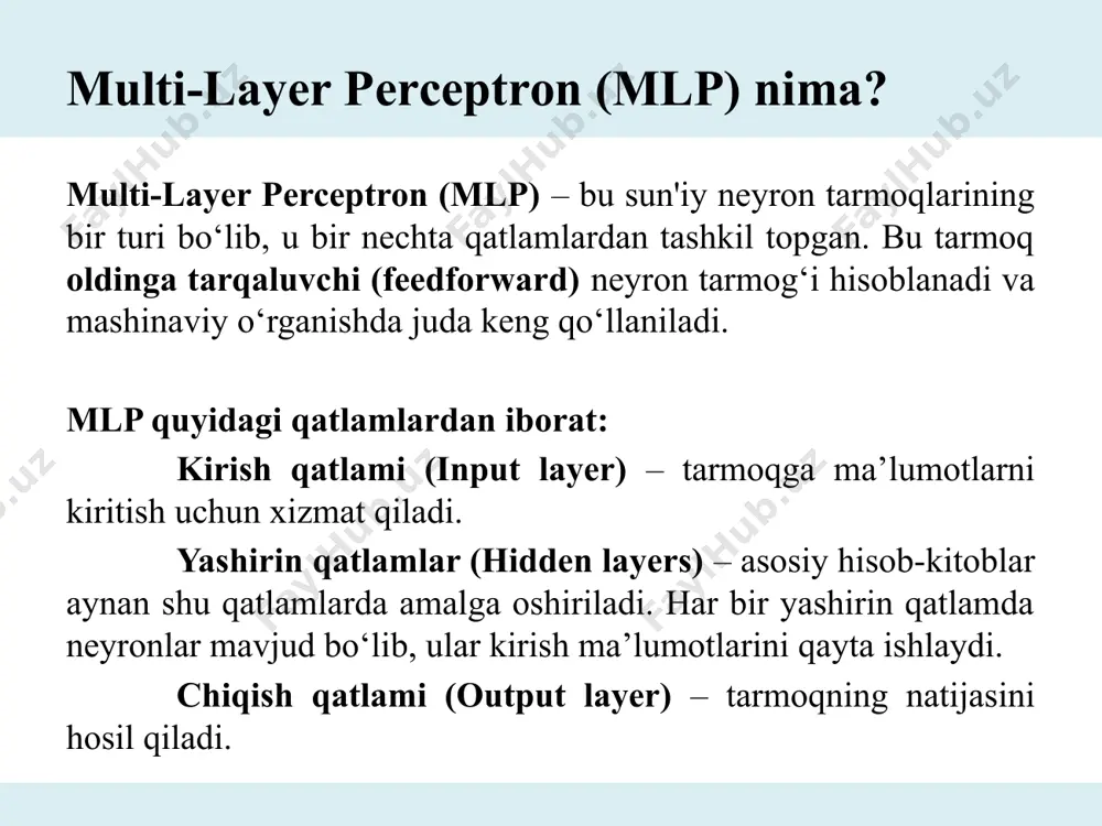 (kerakli chiqish) z bilan tayinlangan kirish signallaridan (x va x₂) iborat. tarmoqni o'qitish iterativ jarayondir. har bir takrorlashda tugunlarning og'irlik koeffitsientlari o'quv ma'lumotlar to'plamidan yangi ma'lumotlardan foydalangan holda o'zgartiriladi. o'zgartirish quyida tavsiflangan algoritm yordamida hisoblanadi: har bir o'qitish bosqichi o'quv majmuasidan ikkala kirish signalini majburlash bilan boshlanadi. ushbu bosqichdan so'ng biz har bir tarmoq qatlamidagi har bir neyron uchun chiqish signallari qiymatlarini aniqlashimiz mumkin. backpropagation algoritmi. quyidagi rasmlar signalning tarmoq orqali qanday tarqalishini ko'rsatadi, belgilar tarmoq kirishi x va kirish qatlamidagi n ta neyron o'rtasidagi ulanishlar og'irligini ifodalaydi. belgilari neyronning chiqish signalini ifodalaydi. backpropagation algoritmi. backpropagation algoritmi. backpropagation algoritmi. backpropagation algoritmi. backpropagation algoritmi. backpropagation algoritmi. backpropagation algoritmi. backpropagation algoritmi. backpropagation algoritimi. image1.jpeg image2.png media1.mp4 image3.png image4.png image5.png image6.png image7.png image8.png image9.png image10.png image11.png image12.png image13.png image14.png