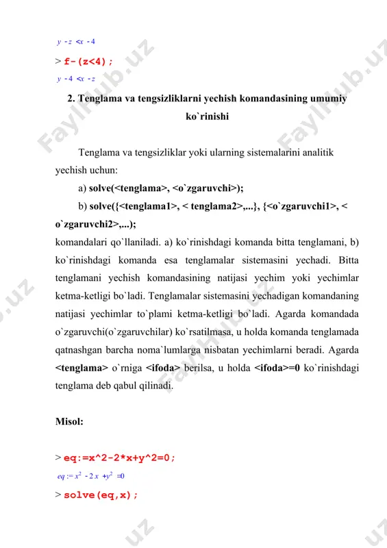 izliklar)ning o`zgaruvchisi {} qavsga olingan bo`lsa, yechim to`plam ko`rinishda beriladi. misol: > solve((x+2)ғ(3-x)>2,{x}); o`zgaruvchi(o`zgaruvchilar) {} qavsga olinmagan bo`lsa, yechim realrange() va open() funksiyalari yordamida chiqariladi. misol: > solve((x+2)ғ(3-x)>2,x); > solve(x^2-5*x+6>=0,x); bu yerda open(a) funksiyasi a chegaraviy nuqta oraliqqa tegishli emas degan ma`noni, realrange() esa yopiq haqiqiy sonlar oralig`i degan ma`noni anglatadi. := g = + 2 x 2 5 + x x 4 := eq1 = + ( ) sin x ( ) cos x ( ) cos x 2 = ( ) sin x - ( ) cos x 2 ( ) cos x = + ( ) sin x 2 ( ) cos x + ( ) cos x 2 ( ) cos x := f < y x < - y z - x 4 < - y 4 - x z := eq = - + x 2 2 x y 2 0 , + 1 …
