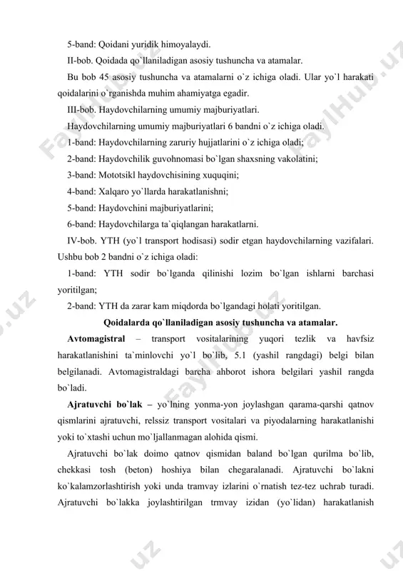 an (itarib) harakatga keltiriladigan yurgizgichsiz (dvigatelsiz), yuk tashishga mo`ljallangan qurilma. asosiy yo`l – tuproqli yo`lga nisbatan qattiq qoplamali (asphalt,tsement betonli, tosh yotqizilgan va shunga o`xshashlar), kesishayotgan yoki tutashgan yo`lga nisbatan 2.1, 2.3.1, - 2.3.3 yoki 5.1 belgilariga ega yo`l yoki yondosh xududdan chiqadigan yo`lga nisbatan har qanday yo`l. ikkinchi darajali yo`lning bevosita chorrahaga tutash qismining qoplamali bo`lishi unga asosiy yo`l maqomini bermaydi. aholi yashaydigan joy – kirish va chiqish yo`llari 5.22 – 5.25 belgilari bilan belgilangan hudud. 5.22-5.23 belgilari oralig`idagi hududda harakatlanish qoidalarining aholi yashaydigan joylarda harakatlanish tartibini belgilovchi talablariga amal qilinadi. 5.24-5.25 belgilari oralig`ida aholi yashaydigan joylarda harakatlanish tartibini belgilovchi talablarga amal qilinmaydi, balki yuqori tezlik yo`l harakatiqoidalari bilan belgilanadi. belgilangan yo`nalishli transport vositasi – belgilangan yo`nalishli va bekatlari bo`lgan, yo`lovchi tashish uchuch mo`ljallangan umumiy foydalanishdagi transport vositalari (trolleybus, avtobus, tramvay, yo`nalishli taksi). velosiped – odam kuchi bilan harakatlantiriladigan ikki yoki undan ortiq g`ildirakli transport vositasi (nogironlar aravachasidan tashqari). …
