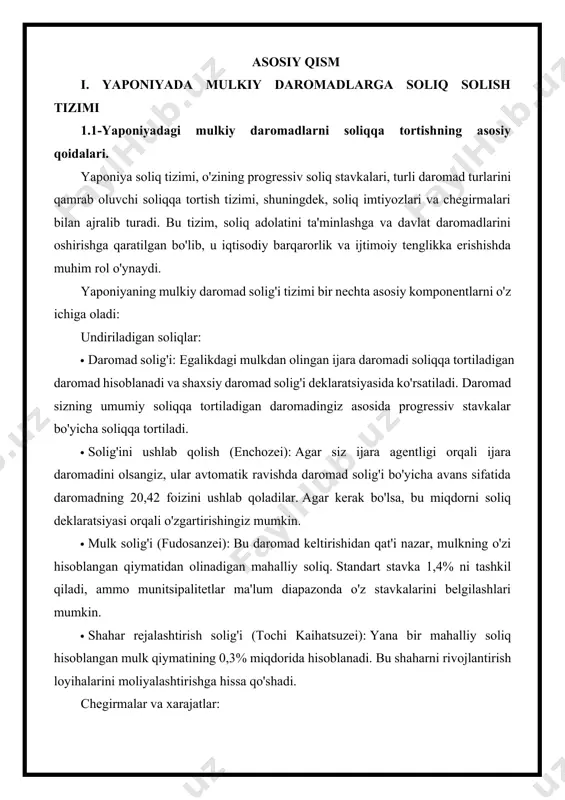 ek, ijara daromadi sizning umumiy soliqqa tortiladigan daromadingiz asosida progressiv 1-jadval. progressiv soliq jadvali · solig'i ushlab qolish (enchozei): bu manbadagi ijara daromadiga qo'llaniladigan 20,42% miqdoridagi tekis stavka. · mulk solig'i (fudosanzei): standart stavka 1,4% ni tashkil qiladi, ammo munitsipalitetlar o'z stavkalarini 1,1% dan 2% gacha o'rnatishi mumkin. · shahar rejalashtirish solig'i (tochi kaihatsuzei): bu baholangan mulk qiymatining 0,3% miqdorida qat'iy belgilangan stavka. soliq to'lovchilar: · jismoniy shaxslar: ko'chmas mulkka ega bo'lgan va ijara daromadini olgan har bir kishi ushbu daromaddan daromad solig'i uchun javobgar bo'ladi. · korporatsiyalar: ijara mulkiga ega bo'lgan kompaniyalar ham olgan ijara daromadlaridan daromad solig'iga tortiladi. · norezidentlar: yaponiyada mulkka ega bo‘lgan va ijara daromadi olgan xorijliklar ham daromad solig‘iga tortiladi, odatda 20,42% stavkada. qo'shimcha mulohazalar: · maxsus soliq stavkalari yoki imtiyozlar ijara daromadlarining ayrim turlariga, masalan, vaqtinchalik uy-joy yoki qariyalar uchun uy-joydan olinadigan daromadlarga nisbatan qo'llanilishi mumkin. · soliq to'lovchilar, avval aytib o'tilganidek, o'zlarining ijara …