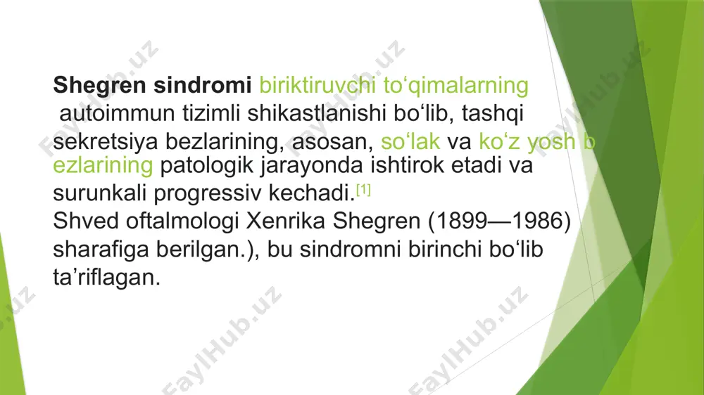uruq koʻz“, quruq koʻzlar). dastlabki bosqichda bemorlar shikoyat qilmasligi mumkin. kasallikning yanada rivojlanishi bilan koʻzlarda yonish hissi, ogʻriq, „qum“ mavjudlik hissi. kserostomiya („quruq ogʻiz“, quruq ogʻiz boʻshligʻi). soʻlak bezlarining shikastlanishi tufayli soʻlakning kamayishi kuzatiladi. surunkali parotit, stomatit, karies rivojlanadi. bemorlar ogʻiz boʻshligʻida kuchli quruqlik, ogʻiz burchaklarida „ovqat qoldigʻi“, gapirishda qiyinchilik va keyingi bosqichlarda hatto ovqatni yutishning buzilishidan shikoyat qiladilar (disfagiya). bundan tashqari, shegren sindromi quyidagilarga zarar yetkazishi mumkin: teri — kuchli quruqlik; burun-halqum — burundagi qobiqlarning shakllanishi, yevstaxiy naychasining zararlanishidan otitning rivojlanishi, sinusitlar; vaginalar — qichishish, ogʻriq; nafas olish tizimi — traxeobronxit; 5.ovqat hazm qilish tizimi — sekretor yetishmovchiligi bilan atrofik gastrit, gipokinetik biliar diskineziya, pankreatit; 6.buyraklar — glomerulonefrit; 7.qon tomirlari — rayno sindromi; 8.periferik asab tizimi — polinevopatiya, yuz va uch shoxli nerv nevriti[4]. koʻpincha kuchning sezilarli pasayishi rivojlanadi, boʻgʻimlarda, mushaklarda ogʻriq. ikkilamchi shegren sindromi boʻlgan bemorlarda tizimli qizil yuguruk, revmatoid artrit yoki tizimli skleroderma kabi asosiy revmatik kasallikning …