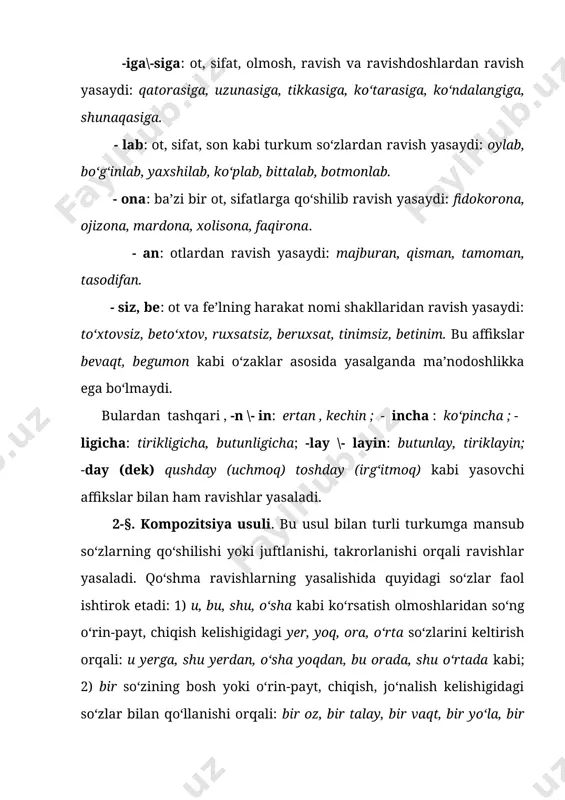 tasiz ravishga ko‘chishi mumkin. xususan, kelishik affikslari vositasida quyidagi turkumga mansub so‘zlar ravishga ko‘chadi: 1) otlar jo‘nalish, o‘rin-payt, chiqish kelishigi qo‘shimchalarini olgan holda: oraga, orada, oradan, tubdan, tongdan, tongda, orqadan, orqaga, chetdan, chetga, chetda; 2) sifatlar jo‘nalish, o‘rin-payt, chiqish kelishigi qo‘shimchalarini olgan holda: uzoqqa, uzoqdan, uzoqda, yaqinda, yaqindan, yaqinga,chindan, pastdan, quyiga, quyida, yolg‘ondan; 3) ko‘rsatish olmoshlari o‘rin-payt, chiqish kelishigi qo‘shimchalarini olgan holda ravishga ko‘chadi: unda- bunda, o‘shanda, shundan, bundan; 4) bo‘lishsiz shaklidagi schifatdoshlar chiqish kelishigi qo‘shimchasini olgan holda: shoshmasdan, indamas-dan, charchamasdan, yiqilmasdan; 5) bir soni jo‘nalish, o‘rin-payt, chiqish kelishigi qo‘shimchalarini olgan holda: birdan, birga, birda. bundan tashqari, erta, indin, kecha, burun kabi otlar; yaqqol, tugal, bafurja, uzluksiz, to‘xtovsiz kabi sifatlar; osha, o‘ta, qo‘sha, qayta kabi ravishdoshlar; shartta, tappa, chippa kabi taqlid so‘zlar hech qanday vositasiz tug‘ridan-to‘g‘ri ravishga ko‘chib yangi ma’noga ega bo‘ladi. adabiyotlar 1. м.мирзаев, с.усмонов, и.расулов узбек тили. т., «укитувчи» 1978. 2. ш. шоабдурахмонов, м.аскарова, а.хожиев, и.расулов, , х.дониёров …