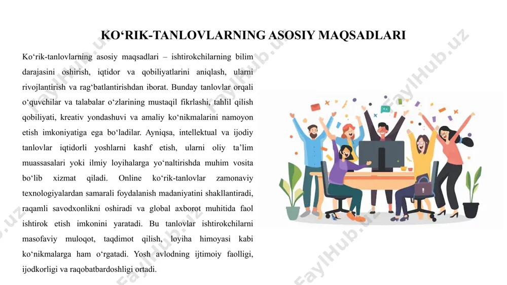 tkazilishi mumkin. internet uzilishi yoki past tezlik ishtirokchi faoliyatiga salbiy ta’sir ko‘rsatadi. ishtirokchi zamonaviy texnik vositaga – kompyuter, noutbuk yoki smartfonga ega bo‘lishi lozim. bu qurilmalar orqali topshiriqlarni bajarish, videodarslarda qatnashish yoki fayllarni yuklash imkoniyati yaratiladi. tanlov shakliga qarab ba’zi dasturlar ham talab etiladi: matnli hujjatlar uchun microsoft word yoki google docs, fayl o‘qish uchun pdf reader, masofaviy suhbatlar uchun zoom, anketalar uchun esa google forms kabi servislar ishlatiladi. ishtirokchilar tanlovda ro‘yxatdan o‘tish va aloqa uchun o‘zlariga tegishli elektron pochta manziliga ega bo‘lishlari kerak. ko‘plab platformalarda shaxsiy kabinetlar yaratiladi va ishtirokchilar topshiriq, baho va natijalarni aynan shu kabinet orqali kuzatadilar. ro‘yxatdan o‘tish shartlari online ko‘rik-tanlovlarda ishtirok etish uchun ro‘yxatdan o‘tish bosqichi muhim ahamiyatga ega bo‘lib, u qatnashuvchining tanlovga rasmiy tarzda qabul qilinishini ta’minlaydi. dastlab ishtirokchi o‘zining shaxsiy ma’lumotlarini – to‘liq f.i.sh., tug‘ilgan sanasi, yashash manzili, o‘qish joyi, aloqa raqami va elektron pochta manzilini aniq va to‘g‘ri kiritishi zarur. bu ma’lumotlar …