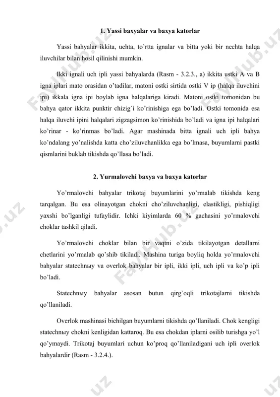 b tikish uchun qo’llaniladi. bunda igna ipi buyumni o’ng tarafidan tikib kelmasdan trikotaj qatlamini orasidan o’tishi kerak. ko’p ipli overlok bahyalar (rasm - 3.2.4., g-e) qir g`oqlari so’kiluvchan trikotaj buyumlarini tikish uchun qo’llaniladi. 3. mokili baxyalar va baxya ktorlar mokili bahyalar deb shunga aytiladiki, ularni hosil qilish uchun mashinani ishchi organi - mokki qo’llaniladi. bundan tashqari ularni punktir bahya qator deb ham aytiladi, chunki bunday bahyalar matoni ikkala tarafida punktir chiziqlarini eslatuvchi bahya qatorini hosil qiladi. mokkili bahya (rasm- 4.3.1.) tikilayotgan matoni ikkala tarafida punktir chiziqlarini eslatuvchi bahya qatorini hosil qiladi. mokili bahya (rasm- 4.3.1.) tikilayotgan matoni ikkala tarafida joylashgan igna ipi, a va moki ipi, v larni chalishuvidan hosil qilinadi. to’g`ri mokkili bahyada, ustki a ip va ostki b, ip tikilayotgan matoni ichida kesishadilar (m-uchastka). agar ustki ip ostki ipga qaraganda ko’proq taranglikda bo’lsa, unda bahya tortilayotganda u ostki ipni material tepasiga tortib yuboradi va bahyalar noto’g`ri ko’rinishni oladilar …