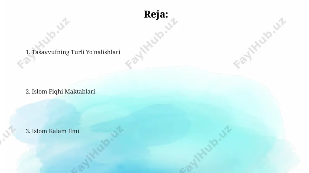 da tashbih va tashbehdan chetlanib, ta'vil usulini qo'llagan va tavhidning 3 ta turini ajratib ko'rsatgan. maturidiylik ta'limotida imom abu mansur moturidiyning (vaf. 333 hijriy) fiqhiy va kalom yo'nalishlaridagi 50 dan ortiq asarlari muhim o'rin tutadi. mu'tazila maktabi ularning ratsionalizmga asoslangan 4 ta asosiy printsiplari ilohiy sifatlarning ta'riflanishi, adolat, vahd va tavhid tushunchalarini o'z ichiga olgan. mu'taziliylar kalom ilmining rivojlanishiga katta hissa qo'shib, 10 dan ortiq muhim asarlar yozib qoldirganlar va bu asarlarda fiqh va tafsir masalalarini ham o'rganishgan. mu'taziliylar maktabi qur'onning maxluq ekanligi haqidagi 5 ta asosiy ta'limotlari bilan mashhur bo'lib, bu islom fikrida katta taloshu tortishuvlarga sabab bo'lgan. sufilik va tasavvuf tasavvuf adabiyoti she'riyat, nasr va falsafiy traktatlar shaklida 1000 dan ortiq asarlarni o'z ichiga oladi, bu esa uning boy va murakkabligini ko'rsatadi. sufizmning 7 asosiy yo'nalishi mavjud bo'lib, ularning har biri o'ziga xos tarixiy shaxslar va adabiyotlar bilan ajralib turadi, masalan, naqshbandiyya yoki chishtiyya. sufiylik amaliyotining asosiy elementlari …