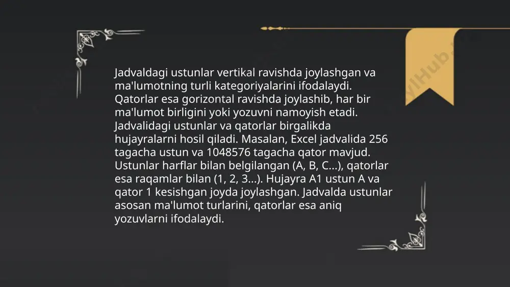 imkonini beradi. ishlash vaqtini kamaytirish uchun ma'lumotlar miqdorini minimallashtirish kerak. yaxshi konstruksiya qilingan so'rov samaradorlikni oshiradi va manba cheklovlarini kamaytiradi. ... t.me/slaydai_bot 13. ms accessda formulalar va ifodalar ms accessda, formulalar va ifodalar ma'lumotlar bazasida ma'lumotlarni qayta ishlash va tahlil qilish uchun ishlatiladi. formulalar yordamida siz hisob-kitoblar qilishingiz, ko'rsatmalar berishingiz va ma'lumotlarni filtrlay olasiz. masalan, [price] * [quantity] formulasi bir nechta ustunlardagi qiymatlarni ko'paytiradi. ifodalar esa maxsus vazifalarni bajarish uchun foydalaniladi, masalan, iif funksiyasi shartli tekshiruvlar uchun ishlatiladi: iif([age] > 18, "kattalar", "yoshlar"). ms accessda ifodalar yaratishda o'zgaruvchilar, operatorlar va funksiyalar bilan ishlash muhimdir. bu asbob vositalar ma'lumotlarni yanada soddaroq va tezroq tahlil qilish imkoniyatini beradi. ... t.me/slaydai_bot jadvalni import va eksport qilish 14-mavzu bo'yicha quyidagilarni eslatib o'tish mumkin: excel yoki google sheets kabi dasturlarda jadvalni import qilish jarayoni uchun faylni csv, xlsx yoki boshqa mos formatdan yuklash talab qilinadi. eksport qilish uchun esa jadvalni kerakli formatga saqlash kifoya. jadval …