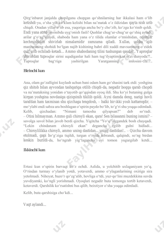 erib olaman! – dedi bu tomon o‘dag‘aylab. – tushingni borib suvga ayt! na’matak ko‘proq mening hovlimga qaragan, demak, u mening mulkim. agar uning bir donasi olinganini bilib qolsam, o‘zingdan o‘pkala, qo‘shni, naq bog‘ingni payxon qilaman-a! – dag‘dag‘a qildi u tomon... shunday qilib, o‘rtada nizo chiqdi. na u tomon bunisiga, na bunisi u tomonga yon bosdi. kelishmovchilik bora-bora sovuqchilikka, sovuqchilik esa urushu janjalga evrildi. natijada qo‘shnilar yuzko‘rmas yovga aylanishdi. bir qaro kun kelib esa, o‘rtada devor ko‘tariladigan bo‘ldi. ammo chegarani qaerdan o‘rnatish borasida yana har xillik tug‘ildi: har raqib tomon devorni shunday olishni xohladiki, oqibatda na’matak butasi o‘zi yoqda qolsin! chuchvarani xom sanagan ko‘rinishadi: u taraf boshlagan devorni bunisi, bu taraf ko‘targanini esa unisi buzib tashlar bo‘ldi... ana shunday qutsiz kunlardan bir kun deng, bu qo‘shni o‘z bog‘idagi daraxtlar bargini quruqshay boshlaganini sezib qoldi. ajab, kasallik tegmasa, qurg‘oqchilik bo‘lmasa, o‘g‘it-parvarishi joyida esa, nega quriydi?.. qo‘shnilarning bog‘iga razm soldi: ana, hammasiniki birdek …
