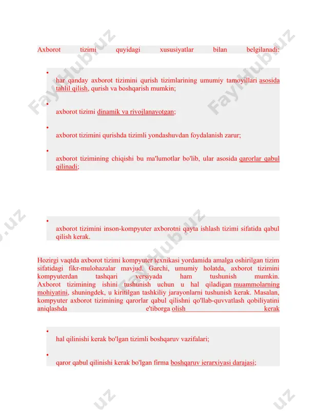 mining qarorlar qabul qilishni qo'llab-quvvatlash qobiliyatini aniqlashda e'tiborga olish kerak · hal qilinishi kerak bo'lgan tizimli boshqaruv vazifalari; · qaror qabul qilinishi kerak bo'lgan firma boshqaruv ierarxiyasi darajasi; · hal qilinayotgan muammoning biznesning u yoki bu funktsional sohasiga tegishliligi; · ishlatiladigan axborot texnologiyalari turi. kompyuter axborot tizimida ishlash texnologiyasi kompyuterdan tashqari sohadagi mutaxassis tomonidan tushunilishi mumkin va jarayonlarni boshqarish uchun muvaffaqiyatli ishlatilishi mumkin. kasbiy faoliyat va ularni boshqarish. axborot tizimini yaratish. iqtisodiyotning bozor sharoitida faoliyat ko`rsatishiga o`tishi, axborot tеxnologiyalari sohasidagi yutuqlar avtomatlashtirilgan axborot tizimlarini yaratish va rivojlantirish amaliyotiga ta'sir ko`rsatadi. ishlab chiqarish pеrsonal ehm va hisoblash – kommunikatsiya tarmoqlari ko`rinishidagi samarali hamda nisbatan arzon hisoblash vositalari ham ommabop, qulay bo`lib qoldi. jahon hamjamiyati qo`llab-quvvatlaydigan global axborot strukturasiga kirish imkoni yuzaga kеldi. bozorga turli xil ishga mo`ljallangan tеxnik vositalar va dasturiy ta'minot еtkazib bеrilmoqda. ular kеng foydalanuvchilar doirasining ta'minotini ancha samarali ta'minlashi mumkin. shuni takidlash joizki, ehm lar imkoniyatlari quyidagi foydalanuvchilar …