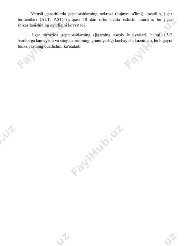 q marta oshishi mumkin, bu jigar shikastlanishining og'irligini ko'rsatadi. jigar sirrozida gepatotsitlarning (jigarning asosiy hujayralari) hajmi 1,5-2 barobarga kamayishi va sitoplazmasining granulyarligi kuchayishi kuzatiladi, bu hujayra funksiyasining buzilishini ko'rsatadi. 📌xulosa jigarning hujayralari tananing muhim funksiyalarini bajarishda, ayniqsa, toksinlarni zararsizlantirish va ozuqaviy moddalarni qayta ishlashda hal qiluvchi rol o'ynaydi. ularning sog'lig'i umumiy salomatlik uchun juda muhimdir. 📚foydalanilgan adabiyotlar 1. жigar hujayralarining tuzilishi va funktsiyalari. 2. gepatositlarning metabolik jarayonlardagi roli. 3. jigar hujayralarining regeneratsiyasi va ta’mirlanishi. 4. jigar kasalliklarida jigar hujayralarining o’zgarishlari. 5. jigar sirrozi va jigar hujayralari shikastlanishi. 6. gepatit viruslari va jigar hujayralariga ta’siri. 7