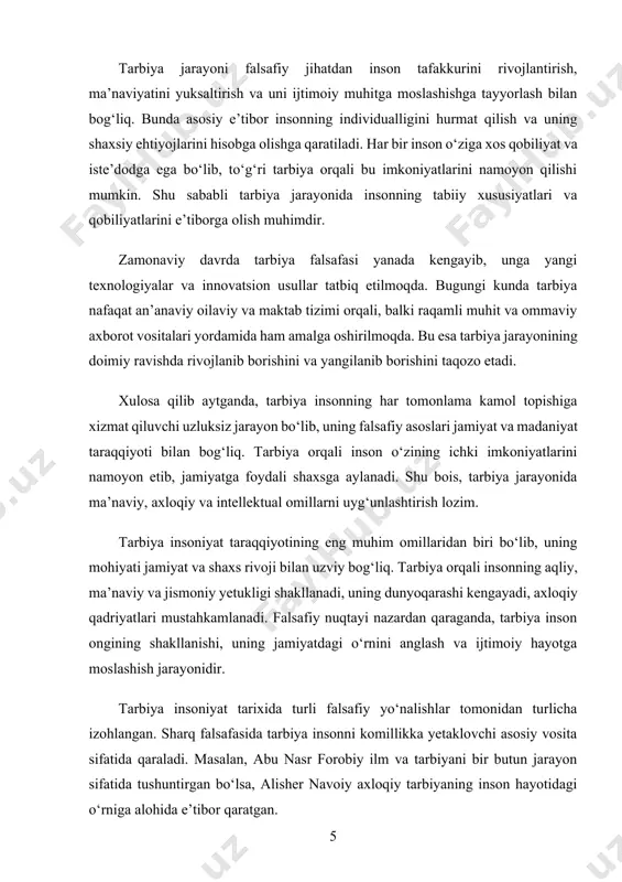 arini boshqara olishi, boshqalar manfaatini ham e’tiborga olishi lozim. shu sababli tarbiya jarayonida axloqiy qadriyatlar muhim o‘rin tutadi. sharq mutafakkirlari inson kamoloti va axloqiy yetukligi haqida juda ko‘p fikrlar bildirganlar. forobiy jamiyat taraqqiyoti va inson baxtini ilm, axloq va adolat bilan bog‘lagan. ibn sino esa insonning ichki dunyosini tarbiya qilish, uni yomon illatlardan tozalash muhimligini ta’kidlagan. alisher navoiy axloqiy yetuklikni insonning eng yuksak fazilati deb bilib, halollik, adolat, shijoat va fidoyilikni tarbiya orqali shakllantirish zarurligini aytgan. g‘arb falsafasida ham inson kamoloti va axloqiy yetuklik muhim masalalardan biri bo‘lib kelgan. aristotel axloqiy yetuklikni odatlar va fazilatlar bilan bog‘lagan bo‘lsa, kant insonning axloqiy mas’uliyatini ong bilan tartibga solish kerakligini ta’kidlagan. zamonaviy falsafada esa inson tarbiyasi nafaqat an’anaviy usullar bilan, balki innovatsion va raqamli texnologiyalar yordamida ham shakllanishi mumkinligi ilgari surilgan. bugungi jamiyatda inson kamoloti va axloqiy tarbiyaning ahamiyati yanada ortib bormoqda. axborot texnologiyalari, internet va ommaviy axborot vositalari inson tarbiyasiga sezilarli ta’sir …