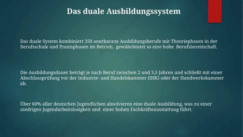 r. hochschulwesen und studiengänge ein besonderes merkmal ist das duale ausbildungssystem, bei dem theoretischer unterricht an hochschulen mit praktischer ausbildung in unternehmen kombiniert wird, oft mit staatlich anerkannten abschlüssen. das deutsche hochschulsystem umfasst über 400 hochschulen, darunter universitäten, fachhochschulen und kunsthochschulen, die ein breites spektrum an bachelor- und masterstudiengängen anbieten. die studiengebühren sind in vielen bundesländern, im gegensatz zu anderen ländern, kostenlos oder sehr gering, was die zugänglichkeit zum hochschulstudium erhöht. vergleichbares europäisches system im vergleich zu anderen europäischen systemen zeichnet sich deutschland durch ein föderales bildungssystem aus, mit 16 bundesländern, die jeweils eigene lehrpläne und schulstrukturen bestimmen, was zu regionalen unterschieden führt. deutschland investiert im europäischen vergleich einen relativ hohen anteil seines bip in bildung, mit etwa 4,5% im jahr 2022, um die qualität und den zugang zu bildung zu gewährleisten und fachkräftemangel entgegenzuwirken. die duale berufsausbildung, ein markantes merkmal des deutschen systems, findet in kooperation mit betrieben statt …