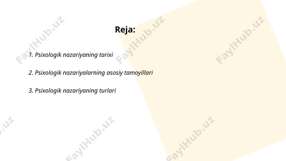 iya xulq-atvorni kuzatish va analitik usullarga asoslanadi. kognitiv psixologiya inson ongini axborotni qayta ishlash modeli sifatida ko‘rib chiqadi. humanistik psixologiya karl rojers va abraham maslou tomonidan taqdim etilgan bo'lib, inson tajribasi va o‘zini rivojlantirishga e'tibor beradi. shuningdek, evolyutsion psixologiya inson xulq-atvorini tabiatdan kelib chiqqan deb hisoblaydi. har bir nazariya o‘z tadqiqot usullari va asosiy g‘oyalarga ega. ... t.me/slaydai_bot psixoanaliz nazariyasi psixologiya sohasida muhim o‘rin tutadi va asoschisi zigmunt freyddir. ushbu nazariya odam ongini uch qismga bo‘lishni taklif etadi: id, ego va superego. id insonning asosiy instinktlarini, ego esa realistik fikrlashni va superego ijtimoiy me'yorlar va qadriyatlarni aks ettiradi. psixoanaliz jarayonida bemorlarning ong osti his-tuyg‘ularini tahlil qilish orqali ruhiy muammolarni aniqlashga harakat qilinadi. freydning 1899 yilda chop etilgan "tushlar talqini" asari ushbu nazariyaning asosiy asarlaridan biri hisoblanadi. freyd sexual rivojlanish nazariyasini ham ishlab chiqqan bo‘lib, u bolalikdagi besh bosqichni o‘z ichiga oladi: og‘zaki, anal, fallik, latent va genital. ... t.me/slaydai_bot biheviorizm …