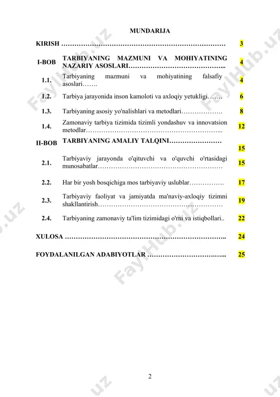 edagogik jarayonda tarbiyaning tutgan o‘rnini aniqlash ham kurs ishining asosiy yo‘nalishlaridan biridir. tarbiya jarayonida pedagog va o‘quvchi o‘rtasidagi munosabatlar, tarbiyaviy metodlarning samaradorligi va ularning jamiyatda qo‘llanilishi o‘rganiladi. kurs ishining obyekti: kurs ishining obyekti sifatida tarbiya jarayoni, uning metod va vositalari, shuningdek, tarbiyaning insonning ma'naviy va axloqiy rivojlanishiga ta'siri olinadi. tarbiya jarayonining asosiy prinsiplari, uning ta'lim tizimidagi o‘rni va zamonaviy ta'lim muassasalarida tarbiya jarayonining tashkil etilishi tahlil qilinadi. shuningdek, tarbiya jarayonining shaxsiy rivojlanishga ta'siri, pedagogik faoliyatda tarbiyaning tutgan o‘rni va unga oid ilg‘or yondashuvlar o‘rganiladi. i bob. tarbiyaning mazmuni va mohiyatining nazariy asoslari 1.1. tarbiyaning mazmuni va mohiyatining falsafiy asoslari tarbiyaning mazmuni va mohiyati inson kamoloti bilan chambarchas bog‘liq bo‘lib, u jamiyat taraqqiyoti, madaniyati va qadriyatlari asosida shakllanadi. tarbiya inson ongini shakllantirish, uning ma'naviy-axloqiy qiyofasini mustahkamlash va jamiyatda o‘z o‘rnini topishga yo‘naltirish jarayonidir. u insonning faqat jismoniy rivojlanishigina emas, balki uning ruhiy, axloqiy, estetik va intellektual jihatdan yetuk bo‘lishini ham ta’minlaydi. …