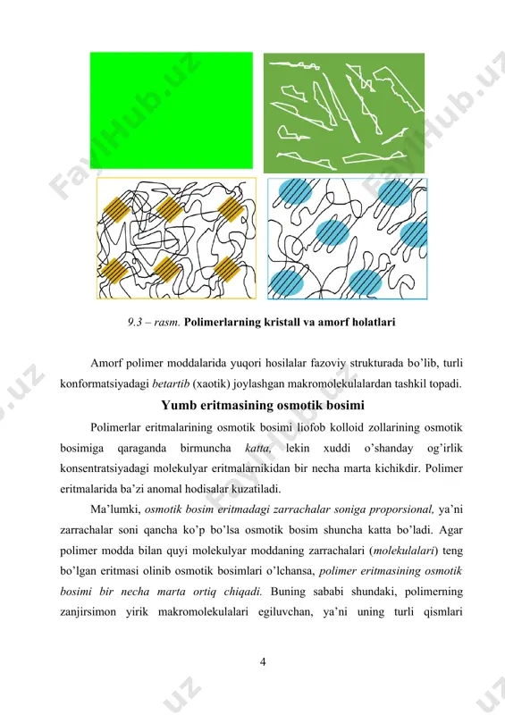 ruvchi aminoguruh suvdagi vodorod ionlari bilan birikib, eritmada gidroksil ionlarini hosil qiladi: nh2 −r−cooh+h2o⇔nh3+ −r−cooh+oh− tekshirishlarning ko’rsatishicha, oqsillarning kislotalik xossalari asos xossalaridan kuchlidir. yuqoridagi muvozonat holati eritmaning ph qiymatiga bog’liq bo’ladi. toza suvga solinganda oqsil ioni manfiy zaryadga ega bo’ladi. buning sababi shundaki, oqsil suvda kislota tarzida ko’proq dissotsiyalanganligi uchun juda ko’p vodorod ionlari hosil bo’ladi. vodorod ionlari bilan birga oqsilning manfiy zaryadli ionlari ham hosil bo’ladi. ammo kislotali muhitda, ya’ni vodorod ionlari ko’p bo’lgan sharoitda oqsilning vodorod ionlari hosil qilish bilan boradigan dissotsiyalanishi zaiflashadi: 1) muvozonat chapga siljiydi va aminokislotalarning vodorod ionlarini biriktirib olish jarayoni kuchayadi. 2) muvozonat o’ngga siljiydi. 0 12 2 eritmadagi vodorod ionlarning konsentratsiyasi ma’lum bir qiymatga yetganda bu ikki jarayon o’zaro muvozonatga keladi, ya’ni oqsil molekulalari biriktirib oladigan vodorod ionlarning soni izoelektrik nuqta (ien) elektroforez yordamida о’lchanadi. ien da harakatchanlik nolga teng bо’ladi. ular ajralganda hosil bo’ladigan vodorod ionlari soniga teng bo’ladi. shuning uchun oqsil …
