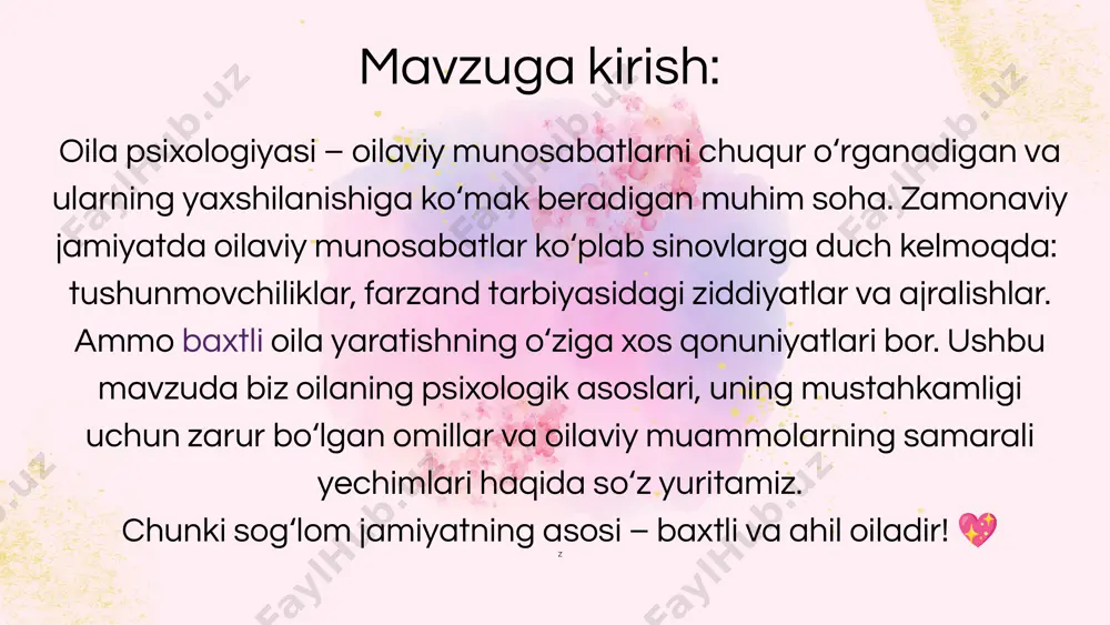 bayramlar – bu nafaqat tantana, balki oilani birl.ashtiruvchi muhim qadriyatdir." – aleksandr dyuma. 🍽 oilaviy kechki ovqatlar: 💬 "bir dasturxon atrofida yig‘ilgan oila – eng baxtli oiladir." – erich fromm. 📖 nasihat va tajriba almashish: 💬 "ota-onaning donoligi – farzandining eng katta merosidir." – umar xayyom. 🏡 oilaviy uchrashuvlar va yig‘ilishlar: 💬 "oilaviy an’analar – bu avlodlar orasidagi ko‘prikdir." – ronald reagan. oila – inson uchun eng muqaddas maskan, mehr va osoyishtalik manbai. har bir inson o‘z oilasida baxtli bo‘lishni orzu qiladi. biroq, oilaviy baxt tasodifiy emas, u hamjihatlik va mehr bilan barpo etiladi. oila a’zolari bir-biriga hurmat va tushunish bilan yondashsa, ularning munosabatlari mustahkam bo‘ladi. oilaviy baxt – bu sevgi, hamjihatlik va o‘zaro tushunish natijasidir. oila a’zolari bir-birlarini hurmat qilsa, mehr va e’tibor bersa, bu oilaning mustahkamligi ta’minlanadi. 📜 "eng boy inson – baxtli oilaga ega bo‘lgan insondir." – konfutsiy. .💡 shunday ekan, oilamizni mehr va hamjihatlik bilan mustahkamlaylik! …