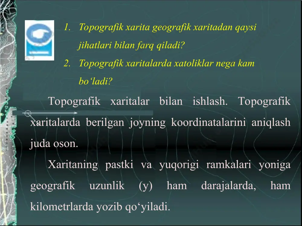 rali dasht, cho‘llarda ufq tomonlarini aniqlash, binobarin, bosib o‘tilgan yo‘llarni, borish kerak bo‘lgan yo‘nalishlarni xaritaga aniq tushirish qiyin bo‘ladi. bunday hollarda xarita bilan birga kompasdan foydalaniladi. kompas strelkasi magnit meridiani holatini ko‘rsatadi. xaritada esa yo‘nalishlar geografik (haqiqiy) meridianga nisbatan belgilanishi kerak. xaritada berilgan nuqta azimutini aniqlash va uni belgilash kerak deylik. azimut shimolga yo‘nalish chizig‘i bilan berilgan nuqtaga yo‘nalish chizig‘i orasidagi burchak ekanini siz yaxshi bilasiz. lekin azimutni aniqlash uchun haqiqiy meridian bilan magnit meridiani orasidagi burchakni, ya’ni magnit og‘ish burchagini aniq bilish kerak. magnit og‘ish burchagi topografik xaritalar pastki ramkasi ostida chap tomonga yozilgan bo‘ladi. magnit og‘ish burchagi g‘arbiy og‘ish burchagi yoki sharqiy og‘ish burchagi bo‘lishi mumkin. agar sharqiy og‘ish burchagi bo‘lsa, uning qiymati magnit meridianiga qo‘shilsa, haqiqiy meridian o‘rni aniqlanadi. haqiqiy meridian bilan berilgan nuqta yo‘nalishi chizig‘i orasidagi burchak berilgan yo‘nalishning azimuti bo‘ladi. endi matnda berilgan topografik xaritada a —b yo‘nalishning haqiqiy azimutini aniqlaymiz. buning uchun: 1) xarita …