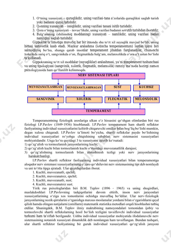 tini buzish qiyin. ammo bir narsa yuzasidan qattiq kulganda u vazminligicha qolaveradi. katta ko‘ngilsiz hodisa yuz berganda ham osoyishtaligini buzmaydi. imo-ishoralari oz, harakatlari ifodasiz. g‘ayrati ishchanligi bilan ajralib turadi. yuksak faolligi oz, reaktivligidan ancha ustunlik qiladi. chidamliligi, matonati, o‘zini tuta bilish bilan ajralib turadi. harakatlarining tempi va nutqining tempi sust, ifodasiz. diqqatini sekinlik bilan to‘playdi. rigid (qotib qolgan), diqqatini qiyinchilik bilan ko‘chiradi. yangi sharoitga qiyinchilik bilan moslashadi. introvert. yangi odamlarga qiyinchilik bilan qo‘shiladi. tashqi taassurotlarga qiyinchilik bilan javob qaytaradi. sust tirishqoq beqaror barqaror introvert ekstrovert t kirishuvchan kirishuvchan asabiy tashvishli xavotirli pessimist vazmin sekin kirishuvchan tashvishli jizzaki notinch qiziqqon qo’zg’aluvch an beriluvchan faol kirishuvchan ochiq sergap iltifotli chaqqon beg’am qulaylikni yoqtiruvchi tashabbuskor o’ychan tinchliksevar yo’nalganlik ishonchli xotirjam melanxolik - yuksak senzitivlik xususiyatiga ega. sezgirligi yuksak (sezgi chegaralari yuqori). arzimagan sababga ko‘ra, ko‘zlaridan yosh oo‘ib ketaveradi. nihoyatda arazchan, sekin yig‘laydi. samimiy, juda oz kuladi, faolligi sust. o‘ziga ishonmaydi, tortinchoo‘, ozgina qiyinchilik …