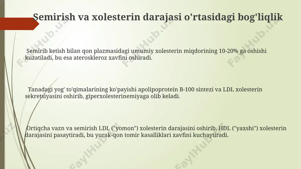 chlikdagi lipoproteinlar) darajasi yuqori bo'ladi va bu yurak-qon tomir kasalliklari xavfini 2-3 baravar oshiradi, bu jarayonga apob-100 bevosita ta'sir qiladi. semirish hdl (yuqori zichlikdagi lipoproteinlar) darajasini pasaytiradi, bu esa xolesterinni to'qimalardan jigarga qaytarishni kamaytiradi va bu jarayonda apoa-1 ning roli muhim ahamiyatga ega. e'tiboringiz uchun rahmat @taqdimot_robot