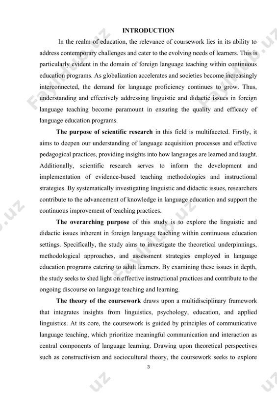 of evidence-based teaching methodologies and instructional strategies. by systematically investigating linguistic and didactic issues, researchers contribute to the advancement of knowledge in language education and support the continuous improvement of teaching practices. the overarching purpose of this study is to explore the linguistic and didactic issues inherent in foreign language teaching within continuous education settings. specifically, the study aims to investigate the theoretical underpinnings, methodological approaches, and assessment strategies employed in language education programs catering to adult learners. by examining these issues in depth, the study seeks to shed light on effective instructional practices and contribute to the ongoing discourse on language teaching and learning. the theory of the coursework draws upon a multidisciplinary framework that integrates insights from linguistics, psychology, education, and applied linguistics. at its core, the coursework is guided by principles of communicative language teaching, which prioritize meaningful communication and interaction as central components of language learning. …