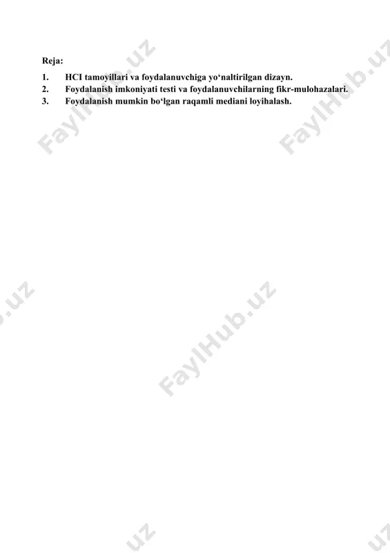 foydalanuvchiga yo‘naltirilgan dizayn. 2. foydalanish imkoniyati testi va foydalanuvchilarning fikr-mulohazalari. 3. foydalanish mumkin bo‘lgan raqamli mediani loyihalash. hci tamoyillari va foydalanuvchiga yo‘naltirilgan dizayn. inson va kompyuterning o'zaro ta'siri (hci) - foydalanuvchilarning ehtiyojlarini qondiradigan interaktiv kompyuter interfeyslarini loyihalash orqali foydalanuvchilar va kompyuterlarning o'zaro ta'sirini optimallashtirishga qaratilgan tadqiqot sohasi. bu informatika, xulq-atvor fanlari, kognitiv fanlar, ergonomika, psixologiya va dizayn tamoyillarini qamrab oluvchi multidisipliner fandir. hci ning paydo bo'lishi 1980-yillarga to'g'ri keladi, o'sha paytda shaxsiy kompyuterlar o'sishda edi. aynan o'sha paytda ish stoli kompyuterlari uy xo'jaliklarida va korporativ ofislarda paydo bo'la boshladi. hci sayohati video o'yinlar, matn protsessorlari va raqamli birliklar bilan boshlandi. biroq, internetning paydo bo'lishi va ovozga asoslangan va internet of things (iot) kabi mobil va diversifikatsiyalangan texnologiyalarning portlashi bilan kompyuterlar hamma joyda va hamma narsaga qodir bo'ldi. texnologik kompetentsiya foydalanuvchilarning o'zaro munosabatlari evolyutsiyasiga olib keldi. binobarin, inson va mashinaning bunday o'zaro ta'sirini insonga o'xshatib qo'yadigan vositani ishlab chiqish zarurati sezilarli …