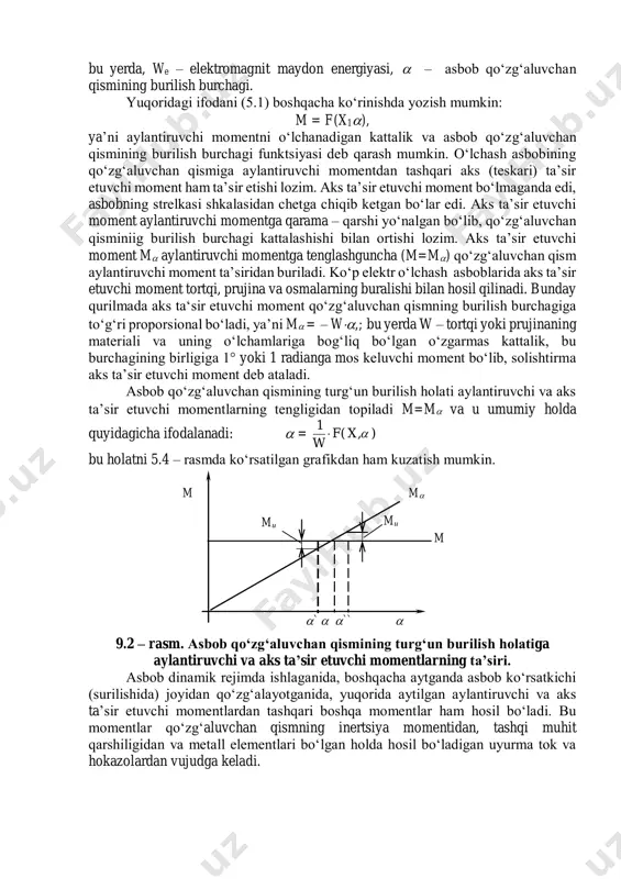 a’sir etuvchi moment m aylantiruvchi momentga tenglashguncha (m=m) qo‘zg‘aluvchan qism aylantiruvchi moment ta’siridan buriladi. ko‘p elektr o‘lchash asboblarida aks ta’sir etuvchi moment tortqi, prujina va osmalarning buralishi bilan hosil qilinadi. bunday qurilmada aks ta‘sir etuvchi moment qo‘zg‘aluvchan qismning burilish burchagiga to‘g‘ri proporsional bo‘ladi, ya’ni m = – w,; bu yerda w – tortqi yoki prujinaning materiali va uning o‘lchamlariga bog‘liq bo‘lgan o‘zgarmas kattalik, bu burchagining birligiga 1° yoki 1 radianga mos keluvchi moment bo‘lib, solishtirma aks ta’sir etuvchi moment deb ataladi. asbob qo‘zg‘aluvchan qismining turg‘un burilish holati aylantiruvchi va aks ta’sir etuvchi momentlarning tengligidan topiladi m=m va u umumiy holda quyidagicha ifodalanadi:  = ),x(f w 1  bu holatni 5.4 – rasmda ko‘rsatilgan grafikdan ham kuzatish mumkin. 9.2 – rasm. asbob qo‘zg‘aluvchan qismining turg‘un burilish holatiga aylantiruvchi va aks ta’sir etuvchi momentlarning ta’siri. asbob dinamik rejimda ishlaganida, boshqacha aytganda asbob ko‘rsatkichi (surilishida) joyidan qo‘zg‘alayotganida, yuqorida aytilgan aylantiruvchi va aks …