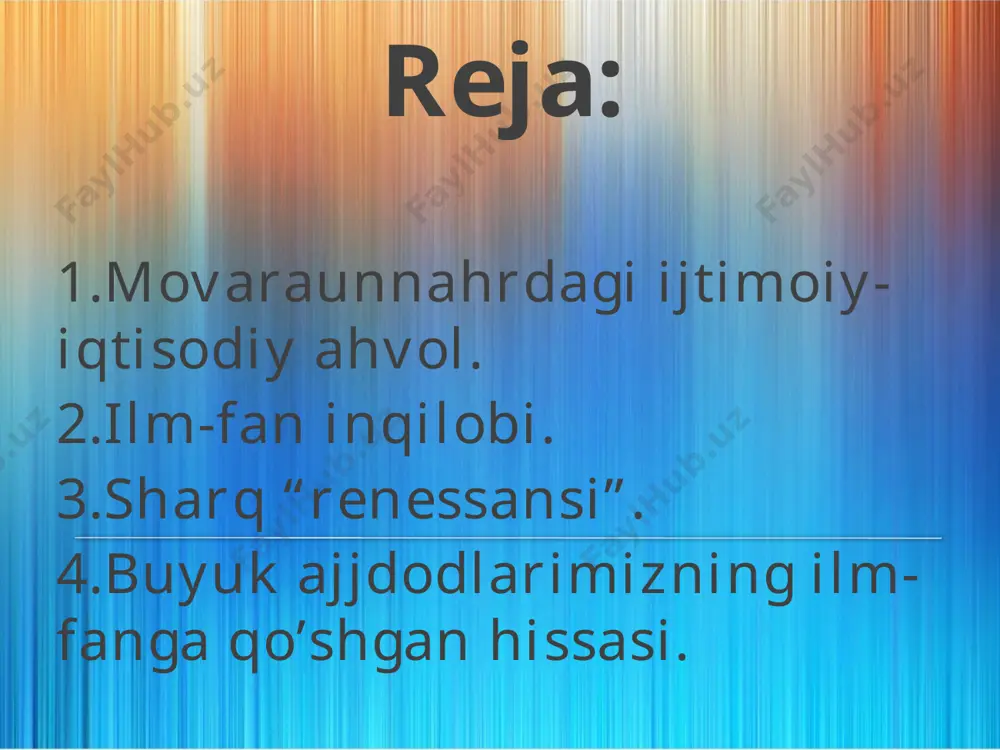 o`lyozma kitoblar saqlangan. "bayt ul xikma"da olimlar chet tildagi murakkab tushunchalarni ifodalashga qodir arab atamashunosligini yaratishga va uni boyitishga katta xissa qo`shdilar. uni platon akademiyasi bilan qiyoslash mumkin. 5 muxammad ibn muso al-xorazmiy (783-850 yillarda yashab ijod qilgan) xorazm diyorida tug`ilgan.dastlabki savod va turli soxadagi bilimlarini u o`z ona yurti xorazm va movarounnaxr shaxarlarida oladi. so`ngra u xalifa ma'mun zamonida (813-833) "bayt ul-xikma"da mudir sifatida faoliyat ko`rsatadi. zamonasining mashxur matematigi, astronomi va geografi sifatida fanga ulkan xissa qo`shdi. xorazmiy 20 dan ortiq asarlar yozdi. matematikaga doir asarlari "al-jabr val-muqobala", "xind xisobi xaqida"; geografiyaga oid kitoblari "kitob surat ul-arz" ("yer surati"); astronomiyaga oid asarlari "zij" va "usturlob bilan ishlash xaqida kitob"; tarixga oid asarlari "kitob at-tarix", "yaxudiylarning taqvimi va bayramlarini aniqlash xaqida risola" nomlari bilan atalgan. xorazmiy birinchi bo`lib algebra faniga asos soldi . al-farg`oniy (797-865-yillarda yashab ijod qilgan). u sharqda al-farg`oniy, yevropada esa alfraganus taxallusi bilan shuxrat topgan. u astronomiya, …
