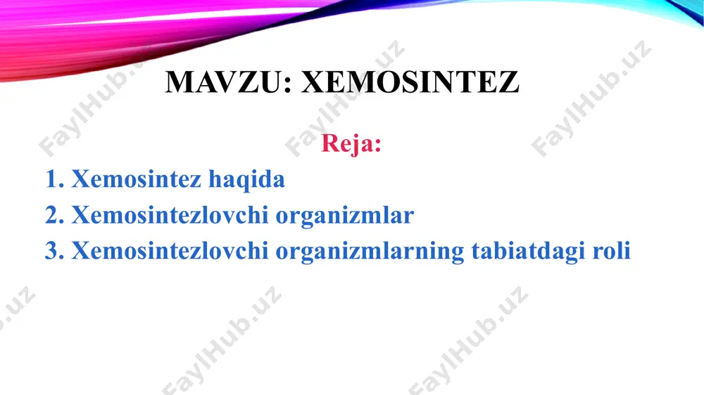 alanadi. azot kislotasi esa tuproqdagi minenallar bilan birikib, o‘simliklar o‘zlashtira oladigan azotli o‘g‘itlar hosil qiladi. nitrifikator bakteriyalar azotning davriy aylanishida muhim ahamiyatga ega. nitrifikator bakteriyalarni ikki turi mavjud: 1. ammiakni oksidlovchi bakteriyalar. 2. nitrit oksidlovchi bakteriyalar. 2nh₃+3o₂=2hno₂+2h₂o+energiya 2hno₂+o₂=2hno₃+energiya ovqat axlat ammiak nitrifikator bakteriya nitritlar nitrifikator bakteriya nitratlar akvariumda yig‘ilgan nitratlar o‘simliklar tomonidan o‘zlashtiriladi qolgan qismi akvariumga qo‘shimcha suv quyish orqali boshqariladi oltingugurt bakteriyalari vodorod sulfidni molekulyar oltingugurtga yoki sulfat kislotagacha oksidlab o‘z tanasida oltingugurt to‘playdi. vodorod sulfid yetishmaganida bakteriyalar o‘z tanasida to‘planib qolgan oltingugurtni sulfat kislotagacha oksidlashdan ajraladigan energiyadan foydalanadi. oltingugurt bakteriyalari ko‘payib ketgan suvni ranggi quyidagi rasmdagi kabi ko‘rinishga kiradi. 2h₂s+o₂→2h₂o+2s+energiya 2s+3o₂+2h₂o=2h₂so₄+energiya vodorod bakteriyalari. vodorod bakteriyalari vodorodni oksidlaydi. yuqorida ko‘rib chiqqan misollardagi bakteriyalar aeroblar hisoblanadi. shuning uchun ularda elektronlar va vodorodni o‘zlashtiruvchi sifatida kislorod ishtirok etadi. 2h₂+o₂=2h₂o+energiya xemosintezlovchi organizmlarning tabiatdagi roli xemosintezni amalga oshiradigan mikroorganizmlardan azot to‘plovchi va nitritifikatsiyalovchi organizmlar eng muhimi hisoblanadi. ular uchun ammiakni nitrit kislotagacha oksidlash …