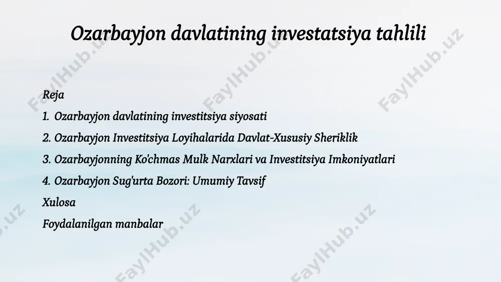 zar dengizining asosiy savdo markazi sifatida qarashga imkon beradi. 4 ozarbayjon iqtisodiyotining asosiy yo'nalishlari ozarbayjon iqtisodiyotining asosiy yo'nalishlari - energiya, neft va gaz, turizm, qishloq xo'jaligi, metallurgiya va qayta ishlash. ushbu tarmoqlar davlat iqtisodiyotining muhim qismini tashkil qiladi. 1 energetika ozarbayjonning boy neft va gaz zaxiralari energiya sohasini muhim iqtisodiy yo'nalishga aylantiradi. 2 turizm ozarbayjonning boy madaniy merosi va go'zal tabiat manzaralari uni turizm rivojlanishi uchun jozibador joyga aylantiradi. 3 qishloq xo'jaligi ozarbayjonning serhosil tuprog'i va iqlim sharoiti qishloq xo'jaligini muhim iqtisodiy yo'nalishga aylantiradi. 5 ozarbayjon xorijiy investitsiyalar uchun jozibador ozarbayjonning iqtisodiy rivojlanishga intilishi va investitsiya muhiti xorijiy investorlar uchun jozibador bo'lib, ular uchun keng imkoniyatlar yaratadi. iqtisodiy islohotlar, qulay investitsiya siyosati va davlat yordami xorijiy sarmoyalarni jalb qilishga yo'naltirilgan. stabil siyosat ozarbayjon siyosiy barqarorligi va xavfsizligi investitsiyalar uchun muhim omil hisoblanadi. iqtisodiy islohotlar iqtisodiy islohotlar biznes muhitini yaxshilash va investitsiyalarni rag'batlantirishga qaratilgan. qulay investitsiya siyosati ozarbayjon investorlar uchun jozibador …