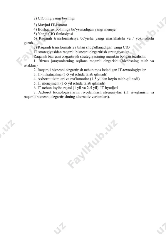lar (1-5 yildan keyin talab qilinadi) 5. it menejment (1-5 yil ichida talab qilinadi) 6. it uchun loyiha rejasi (1 yil va 2-5 yil). it byudjeti 7. axborot texnologiyalarini rivojlantirish stsenariylari (it rivojlanishi va raqamli biznesni o'zgartirishning alternativ variantlari). image1.jpeg image2.jpeg